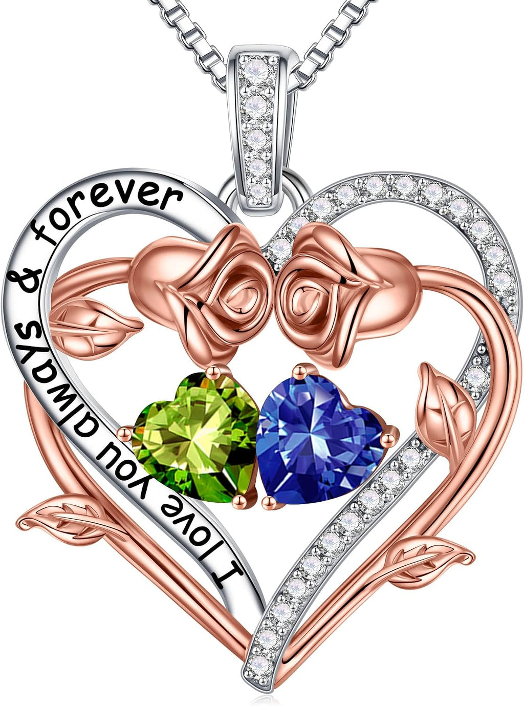 Iefil Rose Heart Double Birthstone Necklace Gifts for Wife Girlfriend Her Women, Birthstone Jewelry Gemstone Birthday Gifts for Mom Grandma Her Wife Women