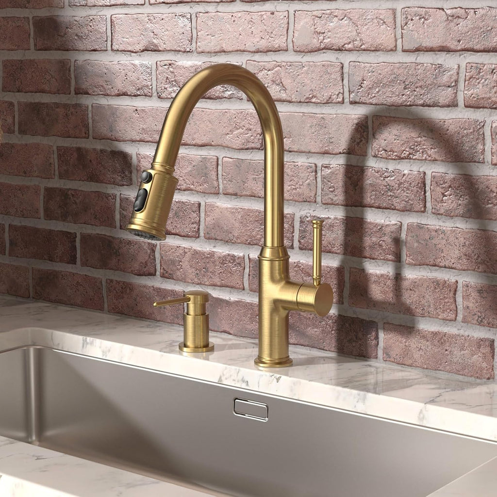 Lava Odoro Bronze Gold Kitchen Faucet with Pull Down Sprayer, Brushed Brass Kitchen Sink Faucet, Single Hole Kitchen Faucet with 3-Function Sprayer, Deck Plate Included, Spot-Free, 1.8 GPM, KF421-BB