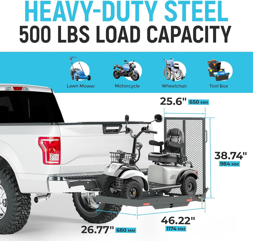 ECOTRIC 46.2 X 26.8 X 38.7 Inch Hitch Cargo Carrier W/Ramp Foldable 500 Lbs Trailer Hitch Mount Steel Wheelchair Carrier Mobility Scooter Ramp 2' Hitch Receiver for Snow Blower SUV Truck Van Car