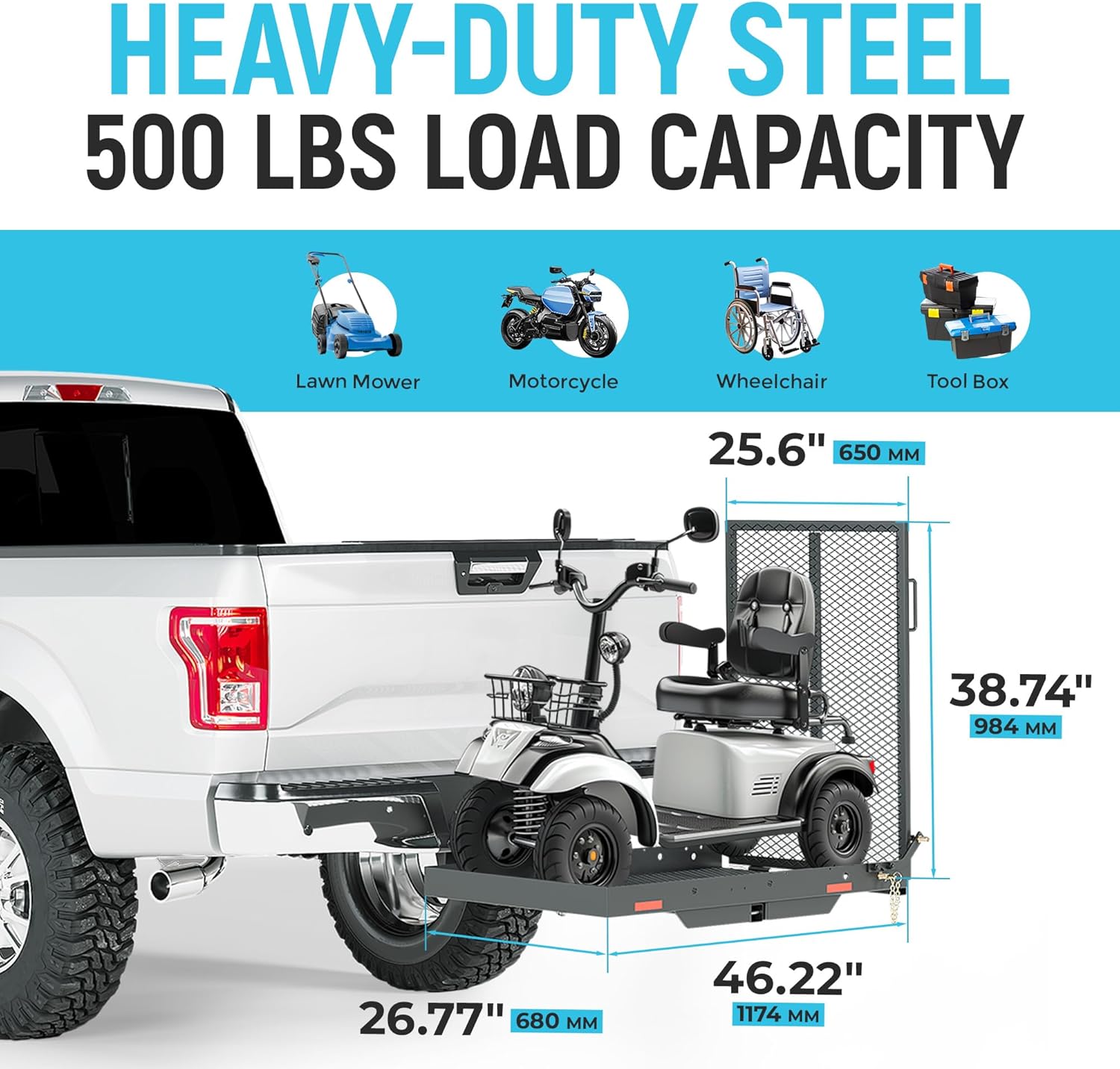 ECOTRIC 46.2 X 26.8 X 38.7 Inch Hitch Cargo Carrier W/Ramp Foldable 500 Lbs Trailer Hitch Mount Steel Wheelchair Carrier Mobility Scooter Ramp 2' Hitch Receiver for Snow Blower SUV Truck Van Car