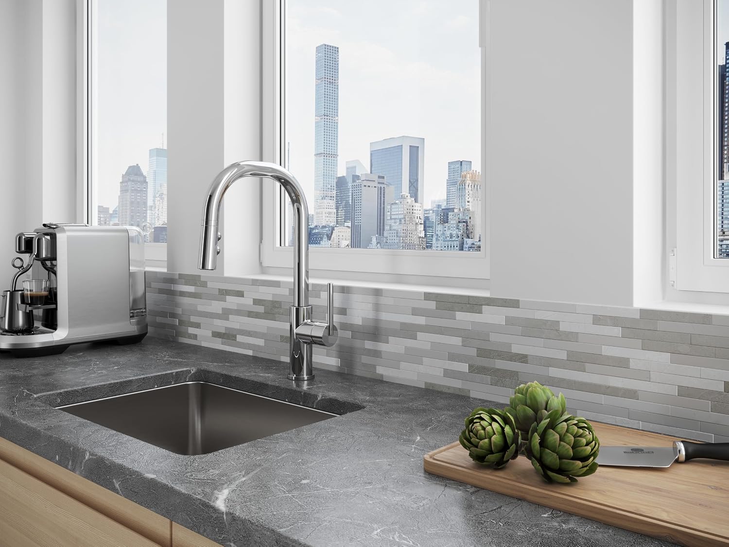 Pfister Zanna Kitchen Faucet with Pull Down Sprayer and Soap Dispenser, Single Handle, High Arc, NSF Certified, Polished Chrome Finish, F5297ZNRC
