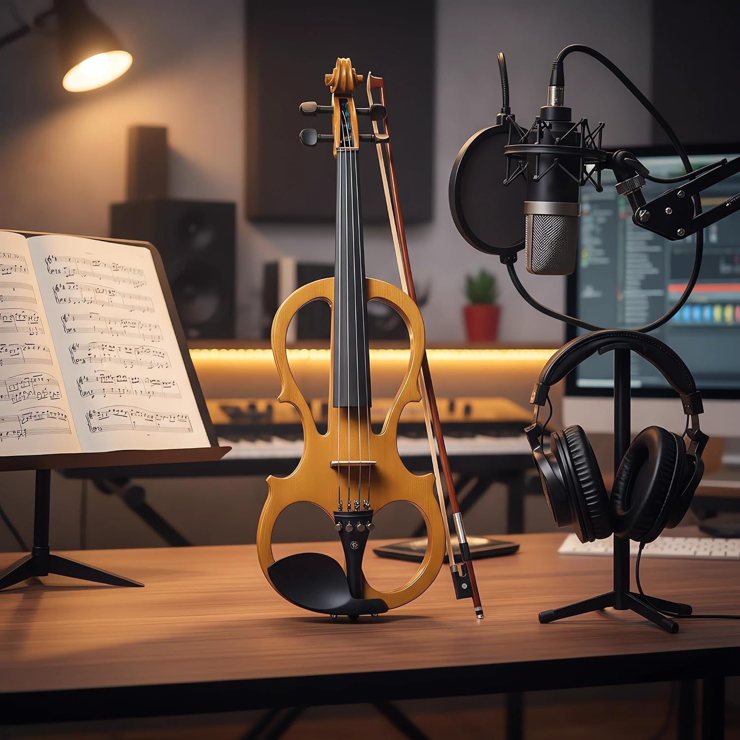 Cecilio 4/4 Full Size Electric Silent Violin, Hand-Carved Solid Maple Wood, Complete Set with Case & Ebony Fittings, Ideal for Practice, Stage & Studio Use, Yellow Maple Metallic