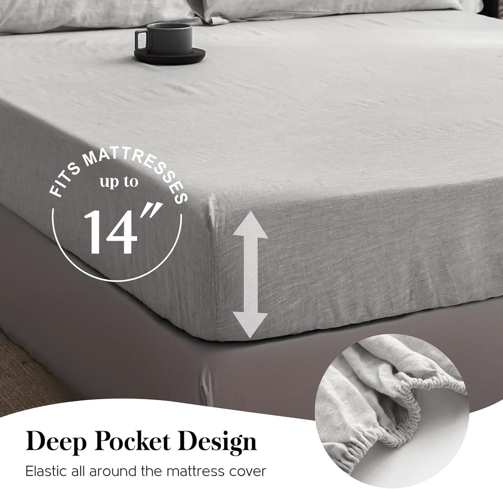 Simple&Opulence 100% Pure Linen Sheet Set Queen Size, Natural French Flax Solid Color 4 Pcs Washed Breathable, Farmhouse Bedding (1 Flat Sheet,1 Fitted Sheet,2 Pillowcases)-Embroidery Grey