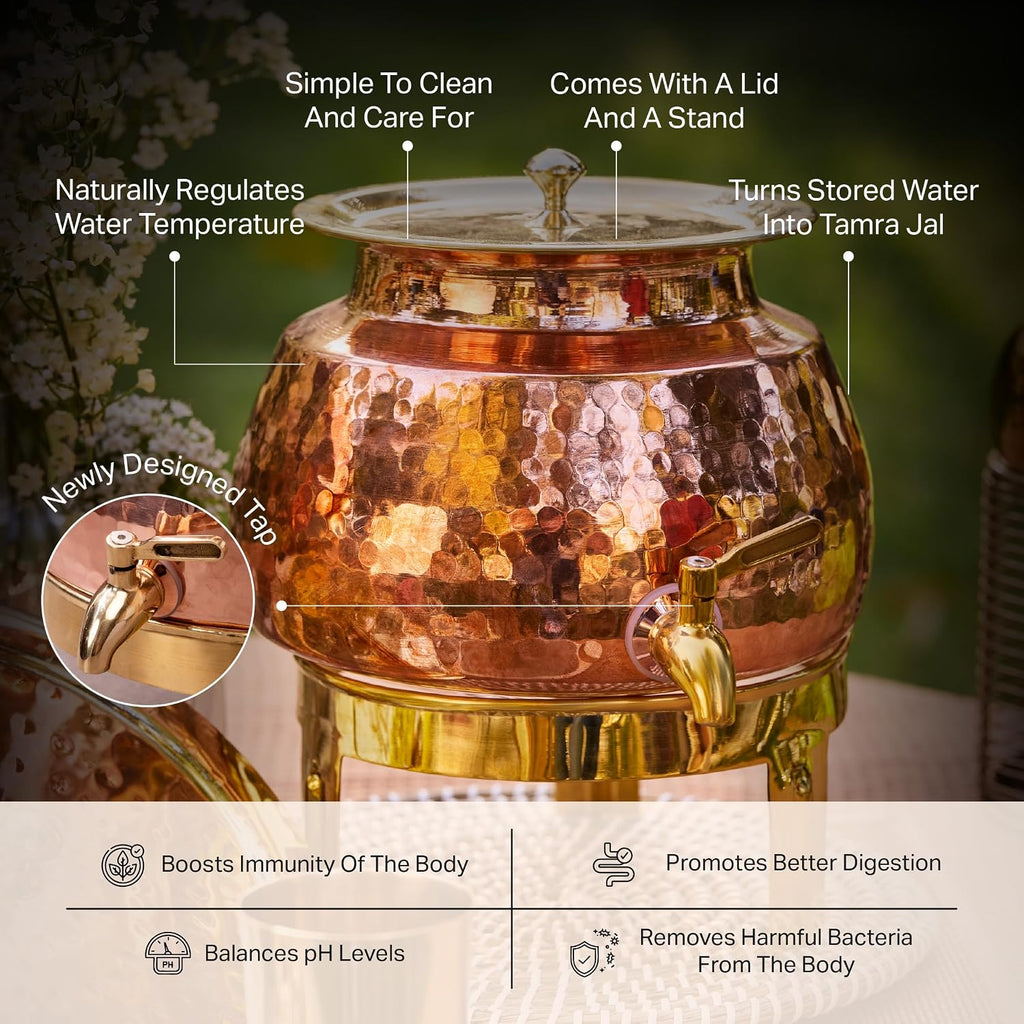 P-TAL Copper Water Dispenser 2.65 Gallons | 100% Pure Copper Pot Heavy Gauge and Hammered with Prefitted Leakproof Brass Spigot, Lid and Stand