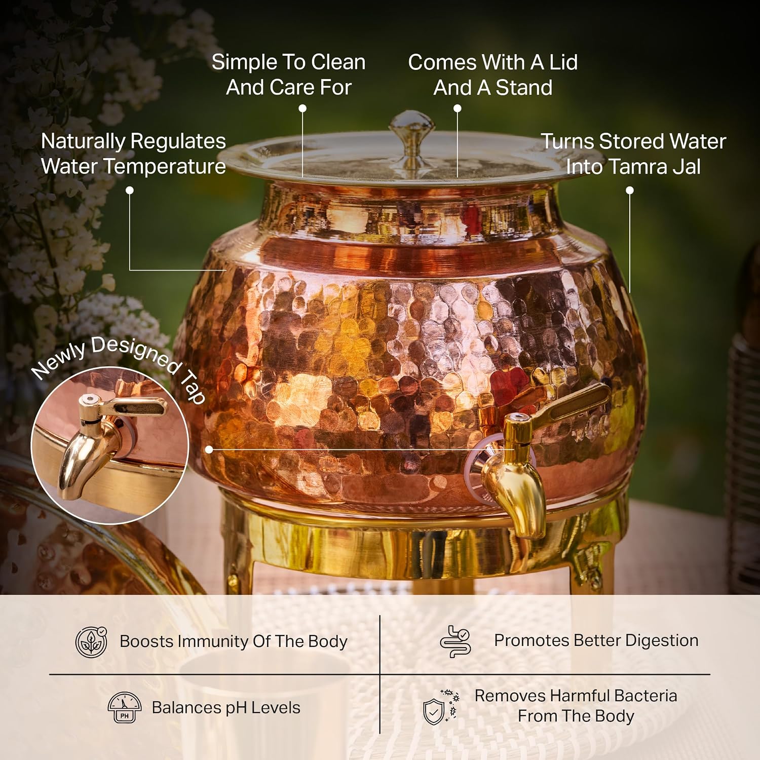 P-TAL Copper Water Dispenser 1.2 Gallons | 100% Pure Copper Pot Heavy Gauge and Hammered with Prefitted Leakproof Brass Spigot, Lid and Stand