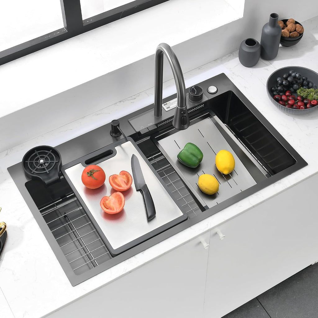 30' x 19.7' Black-Gray Waterfall Kitchen Sink, Drop In Stainless Steel Modern Single Bowl Sink with Pull-Out Spray Faucet, Cup Washer & Accessories