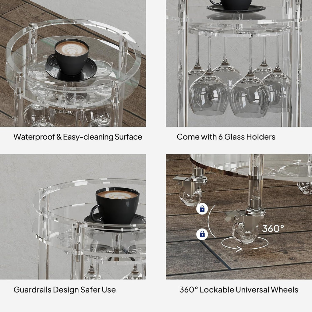 Eglaf Acrylic Bar Cart, Rolling Round Bar Cart, 2-Tier Home Serving Cart | Clear Bar Cart with Lockable Wheels, Glass Holders, for Bar, Living Room, Kitchen, 15.7' D x 15.7' W x 31.1' H