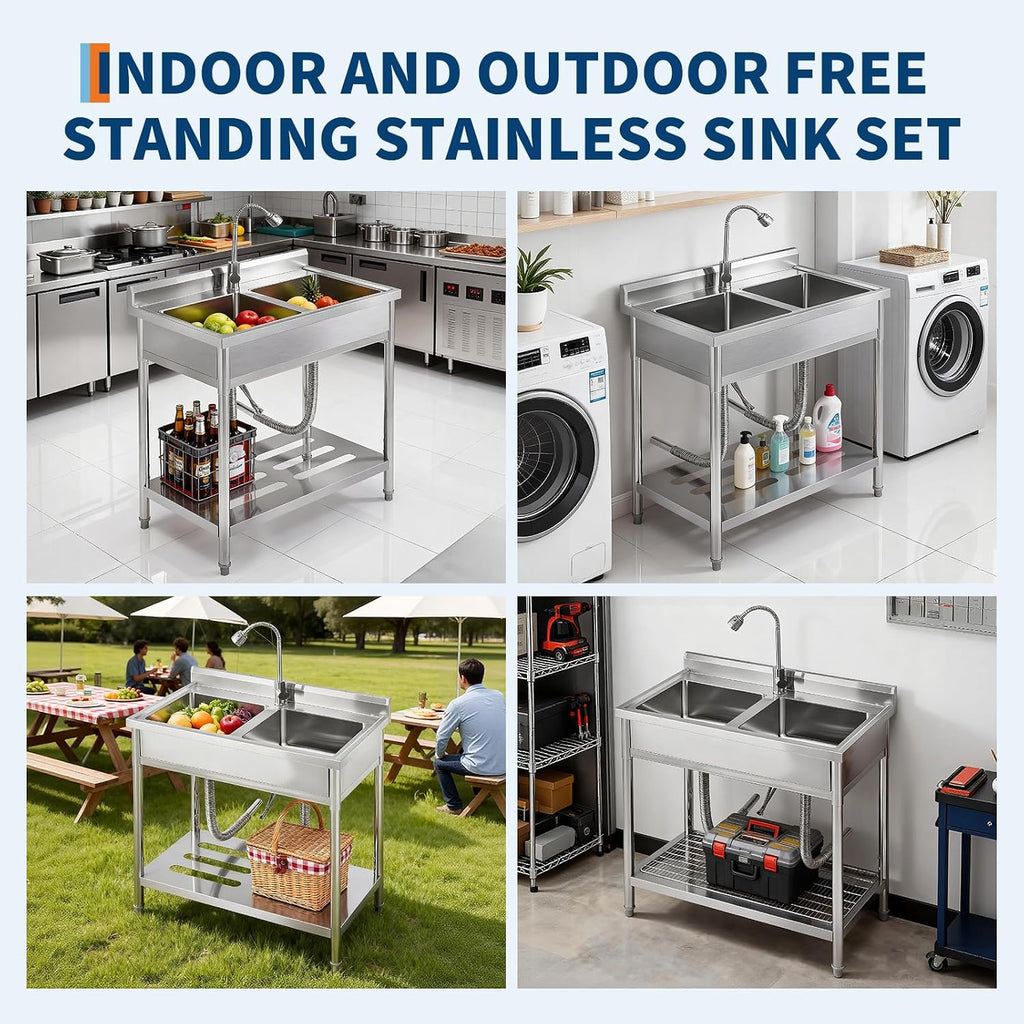 Garvee 2 Compartment Stainless Steel Commercial Sink, Double Bowl Utility Sink with 360° Swivel Faucet, Storage Shelf & Adjustable Feet, Freestanding Prep Sink for Restaurant, Garage, Workshop, Outdoo