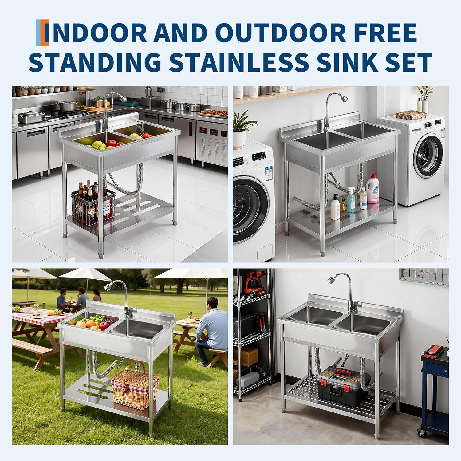 Garvee 2 Compartment Stainless Steel Commercial Sink, Double Bowl Utility Sink with 360° Swivel Faucet, Storage Shelf & Adjustable Feet, Freestanding Prep Sink for Restaurant, Garage, Workshop, Outdoo