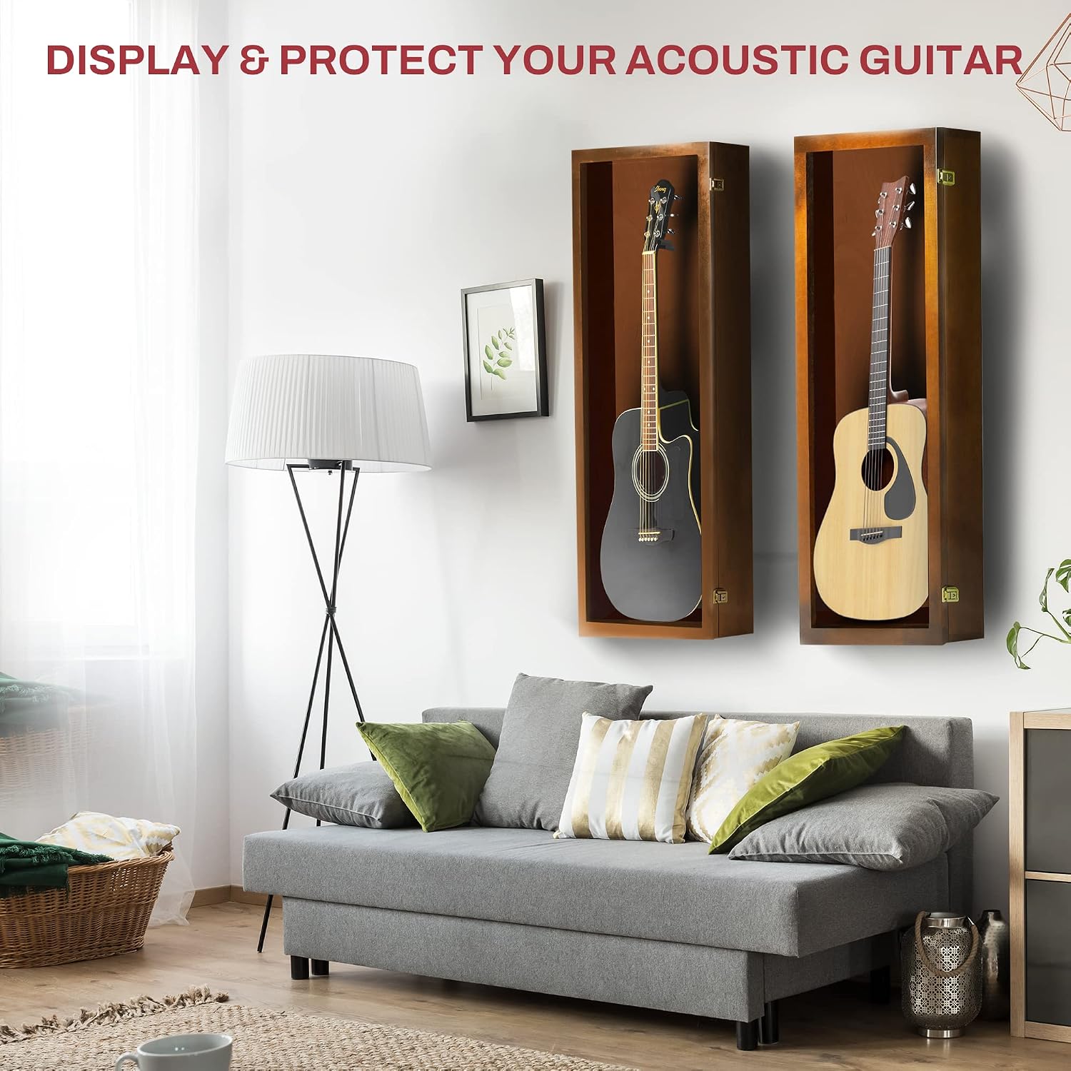 PENNZONI Acoustic Guitar Display Case - Acrylic Acoustic Guitar Case - Guitar Display Case Wall Mount Made from Hardwood Frame & Clear Acrylic - Walnut w/No Felt