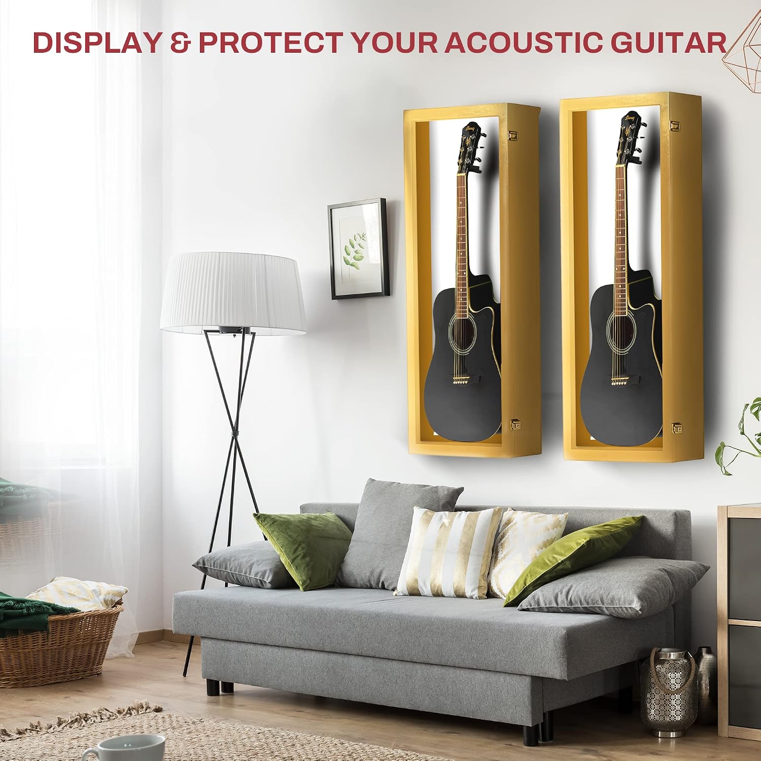 PENNZONI Acoustic Guitar Display Case - Acrylic Acoustic Guitar Case - Guitar Display Case Wall Mount Made from Hardwood Frame & Clear Acrylic - Golden Oak w/Felt White