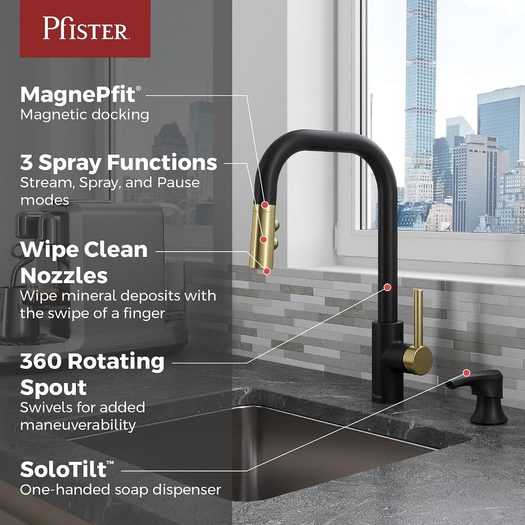 Pfister Zanna 1-Handle Pull-Down Kitchen Faucet in Matte Black and Brushed Gold