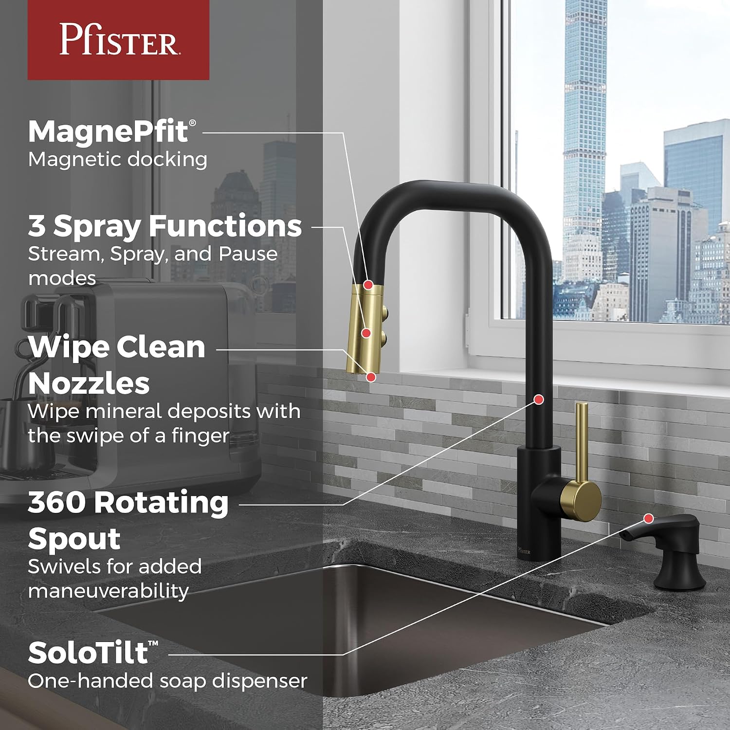 Pfister Zanna 1-Handle Pull-Down Kitchen Faucet in Matte Black and Brushed Gold