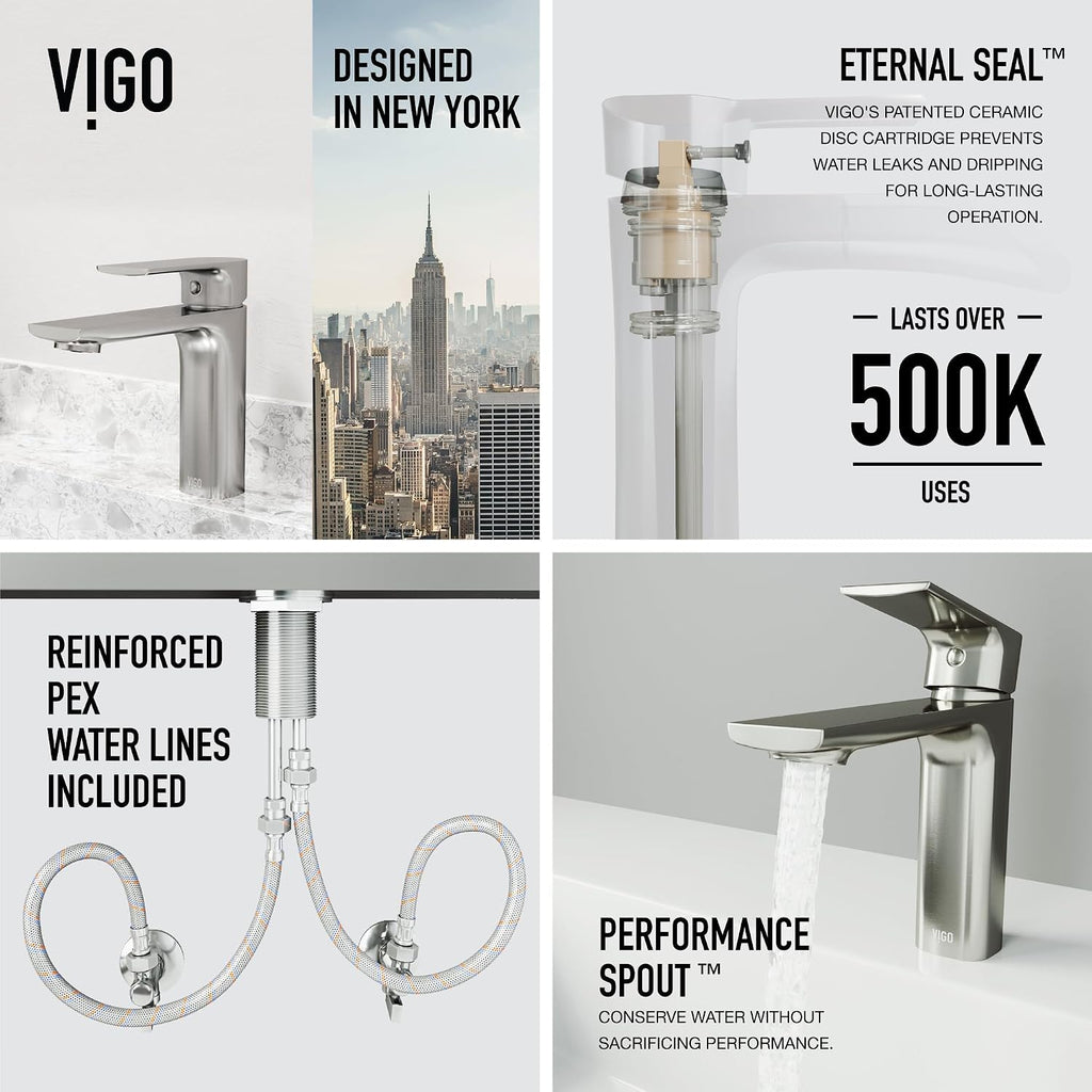 VIGO Davidson Single-Handle Single-Hole Mount Bathroom Sink Faucet, 6-Inch, Brushed Nickel, Modern Design, Solid Brass, 1.2 GPM WaterSense & Ceramic Disc Valve, Corrosion-Resistant