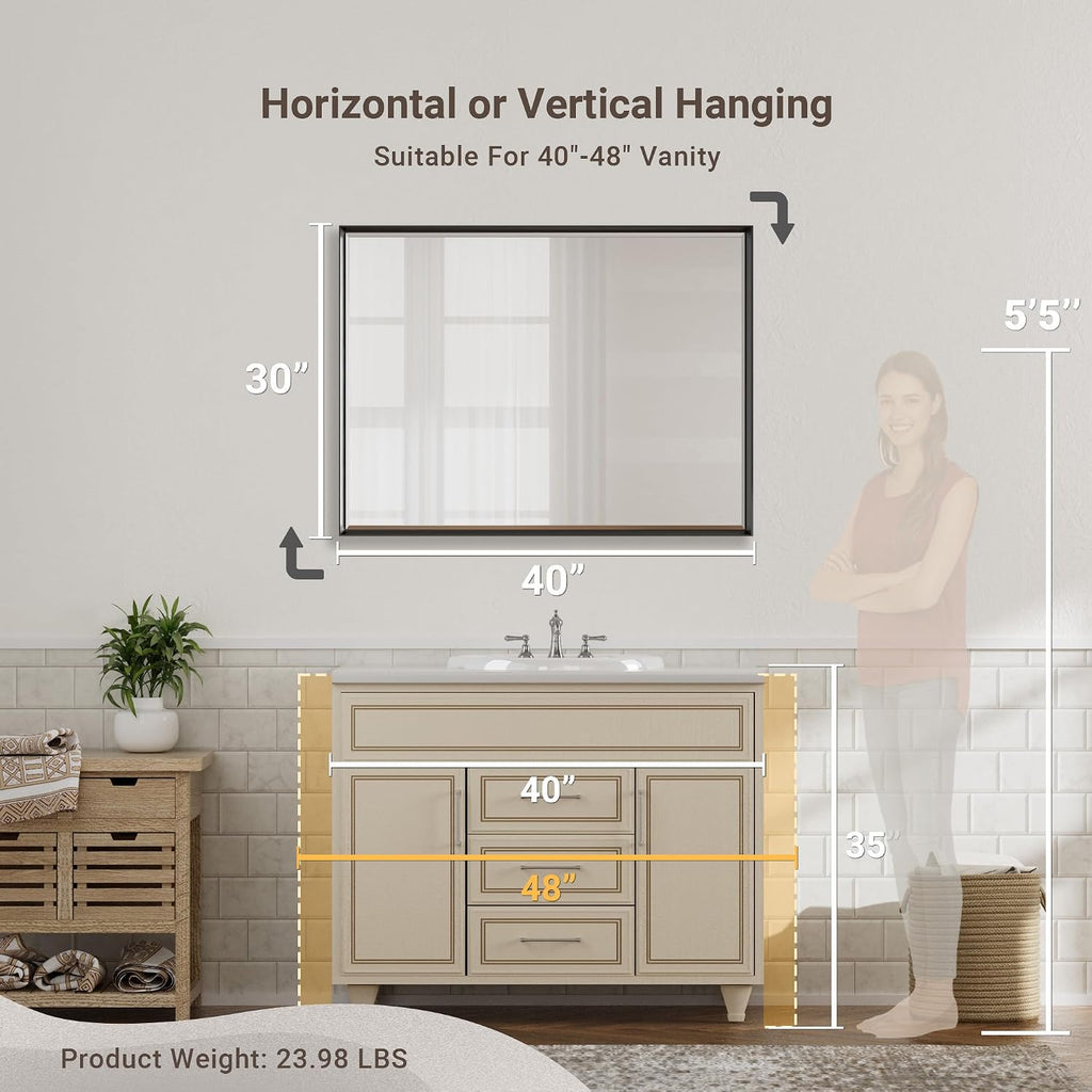 40 x 30 Black Framed Mirror for Bathroom, Beveled Black Bathroom Vanity Mirror Anti-Rust, Shatterproof Matte Black Rectangle Metal Frame Mirror, Vertical/Horizontal Large Wall-Mounted Mirrors