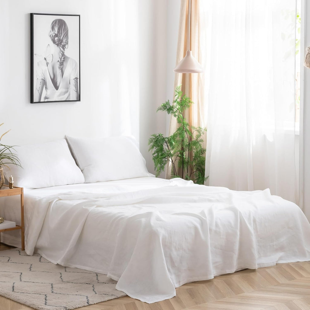 Simple&Opulence 100% French Linen Sheet Set Handmade Hemstitch-4 Pcs Natural Flax Farmhouse Bed Sheets(1 Flat Sheet 1 Fitted Sheet 2 Pillowcases)-Solid Color Soft Breathable Bedding-White, King