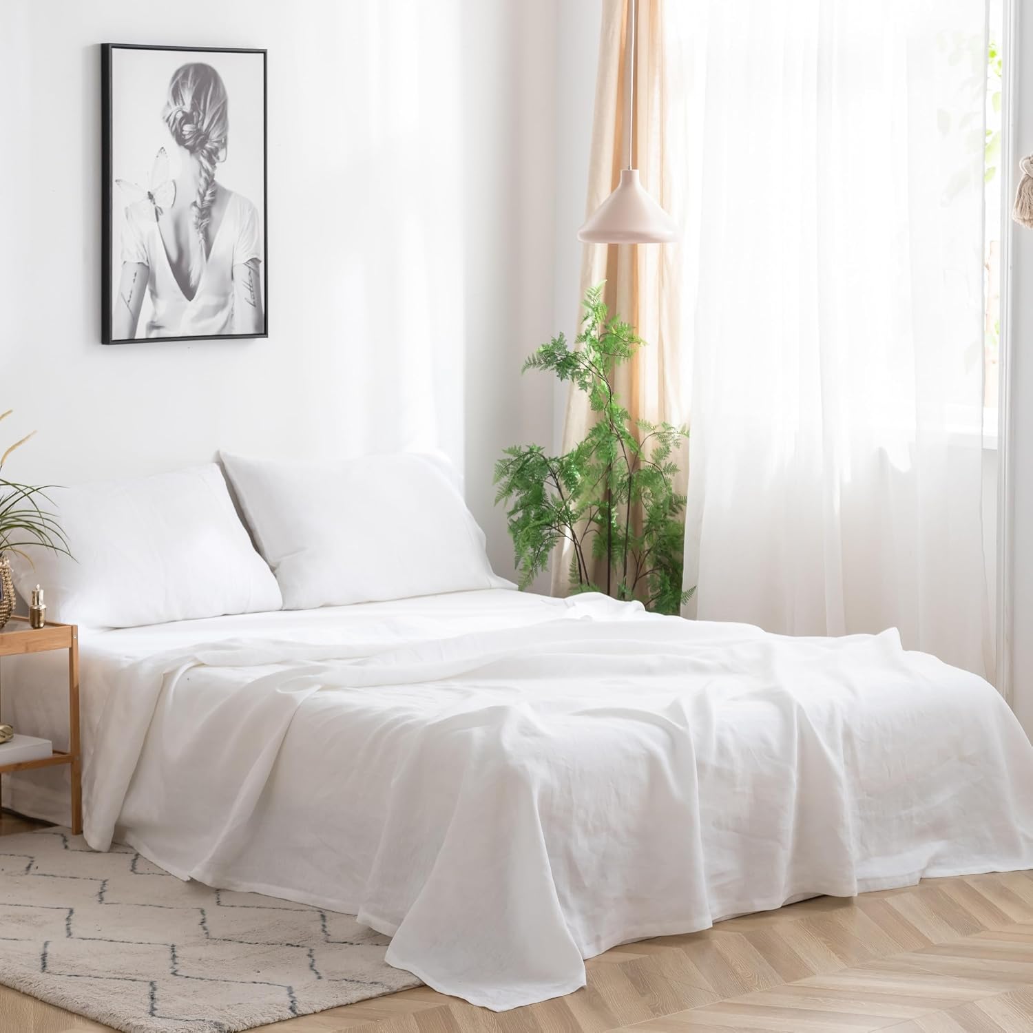 Simple&Opulence 100% French Linen Sheet Set Handmade Hemstitch-4 Pcs Natural Flax Farmhouse Bed Sheets(1 Flat Sheet 1 Fitted Sheet 2 Pillowcases)-Solid Color Soft Breathable Bedding-White, King