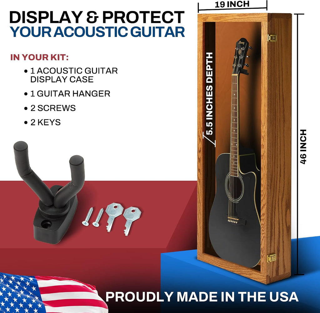 PENNZONI Acoustic Guitar Display Case - Acrylic Acoustic Guitar Case - Guitar Display Case Wall Mount, Guitar Wall Case Made from Hardwood Frame & Clear Acrylic | Natrual Oak