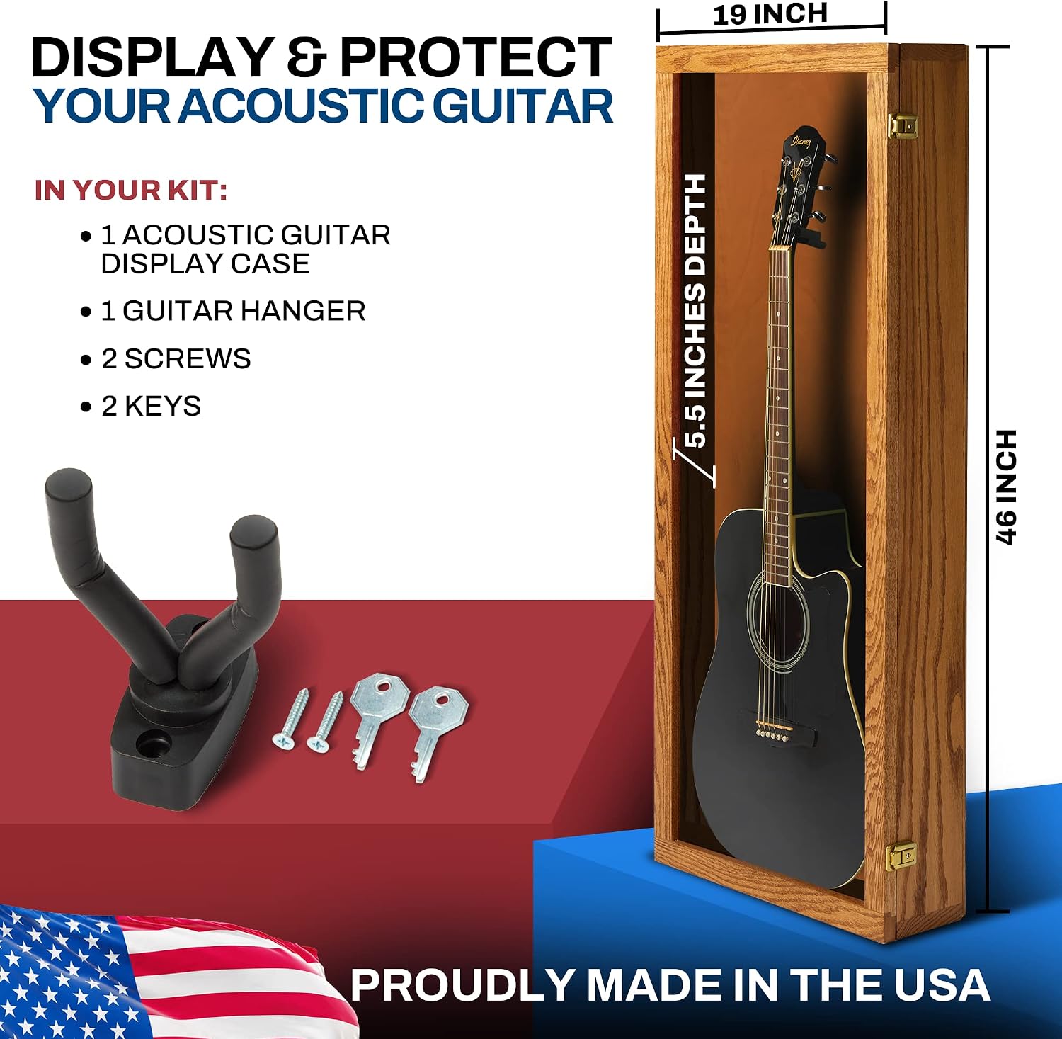 PENNZONI Acoustic Guitar Display Case - Acrylic Acoustic Guitar Case - Guitar Display Case Wall Mount, Guitar Wall Case Made from Hardwood Frame & Clear Acrylic | Natrual Oak