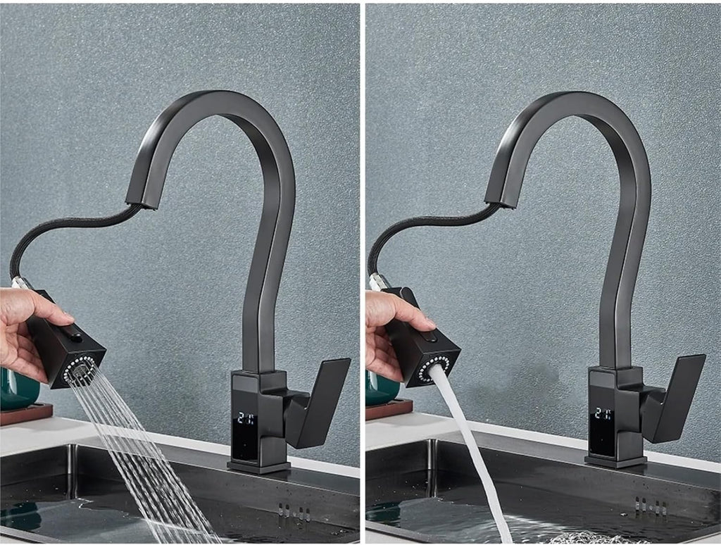 Smart Digital Display Kitchen Faucet Single Handle Pull Out Kitchen Sink Mixer Hot Cold Water Taps(Gray)