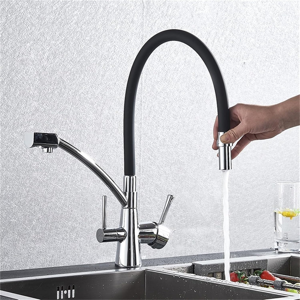 Filter Purification Flexible Rotated Kitchen Faucet Dual Spout Dual Handles Mixer Tap Hot and Cold Pure Water Mixer(Chrome Polish A)