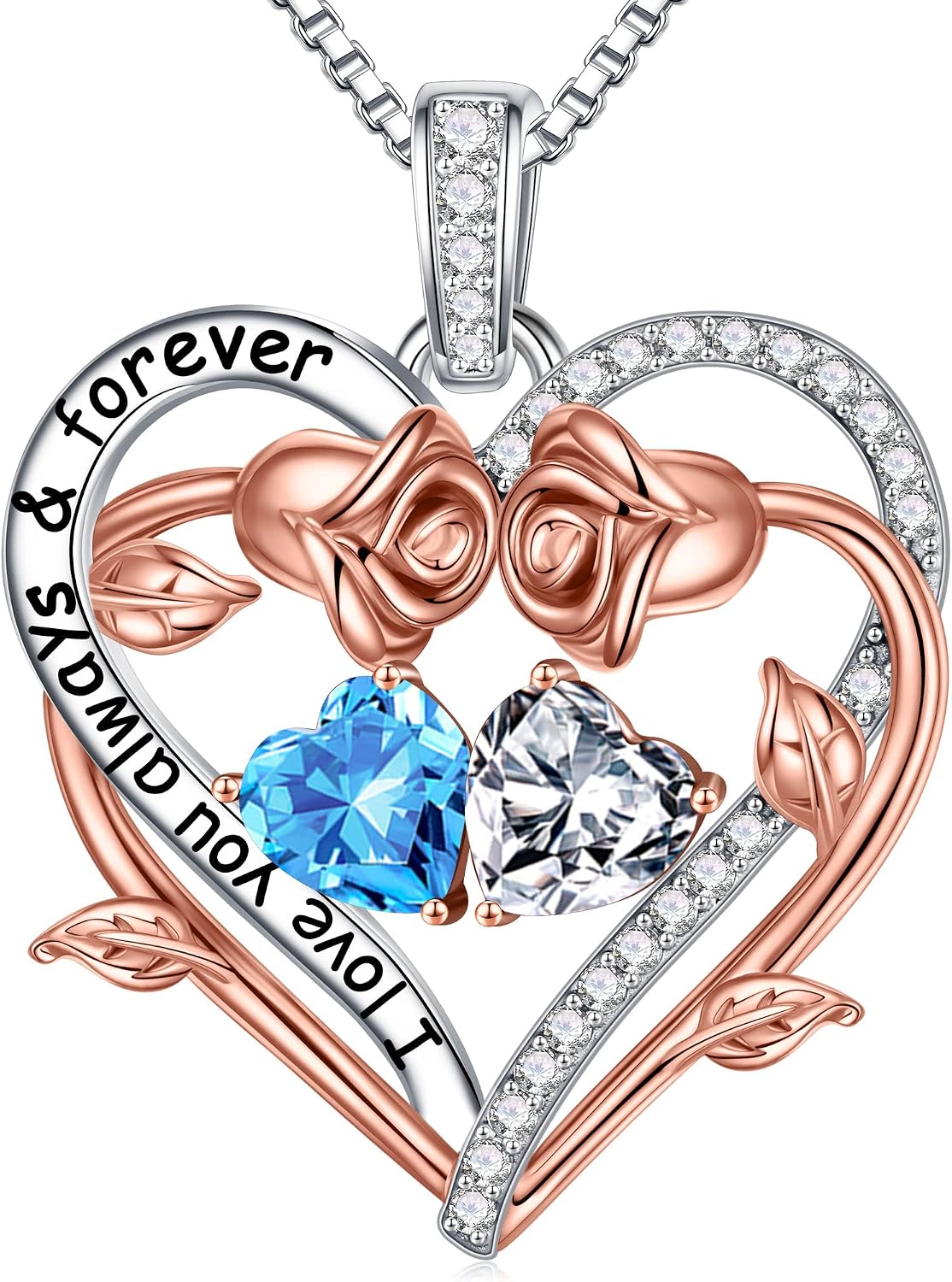 Iefil Rose Heart Double Birthstone Necklace Gifts for Wife Girlfriend Her Women, Birthstone Jewelry Gemstone Birthday Gifts for Mom Grandma Her Wife Women