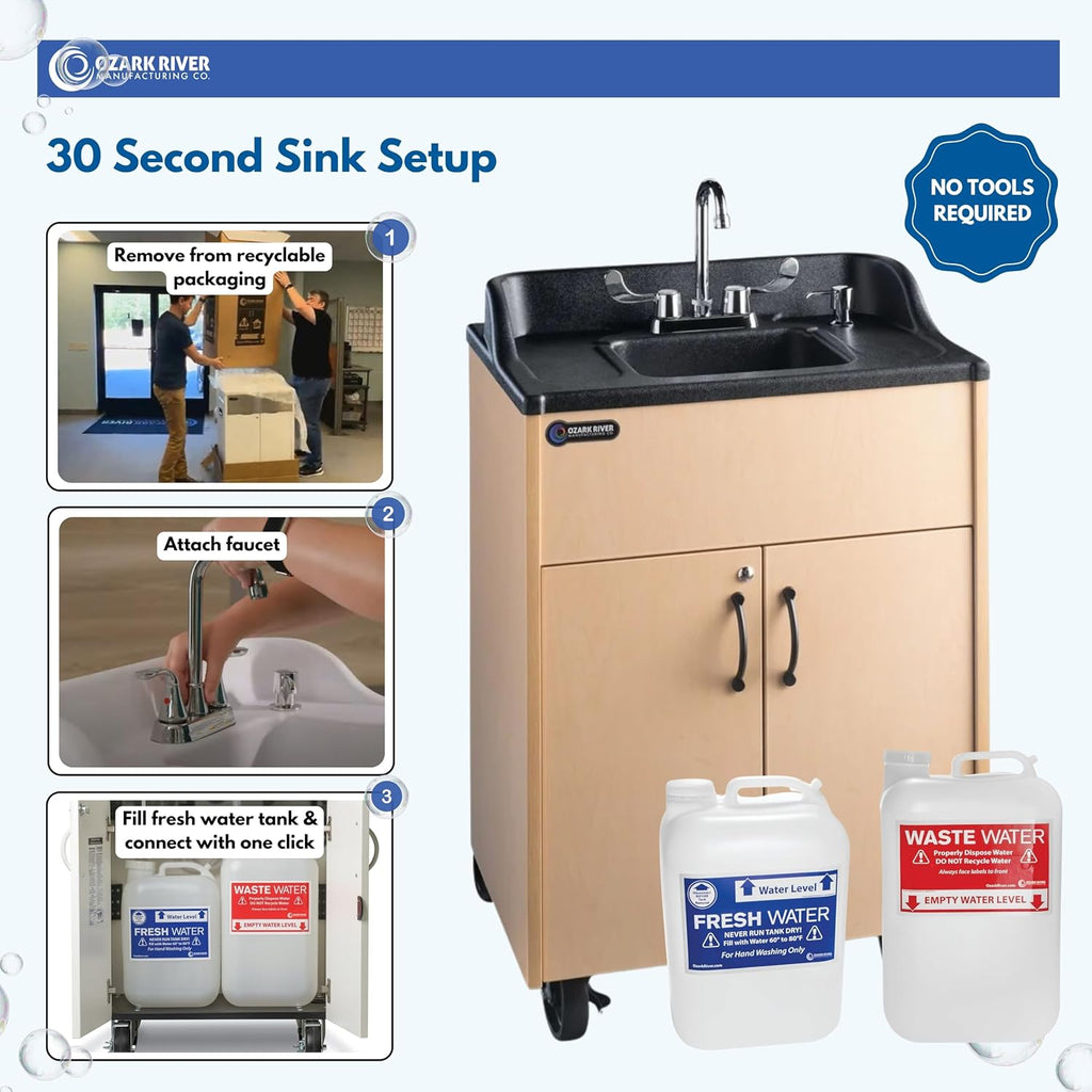 Ozark River Portable Sinks Premier Maple & Extra Water Tanks Bundle, Maple Laminate-ABS, Portable Sink with Hot Water, Self-Contained Sink, Portable Hand Washing Station, 110V
