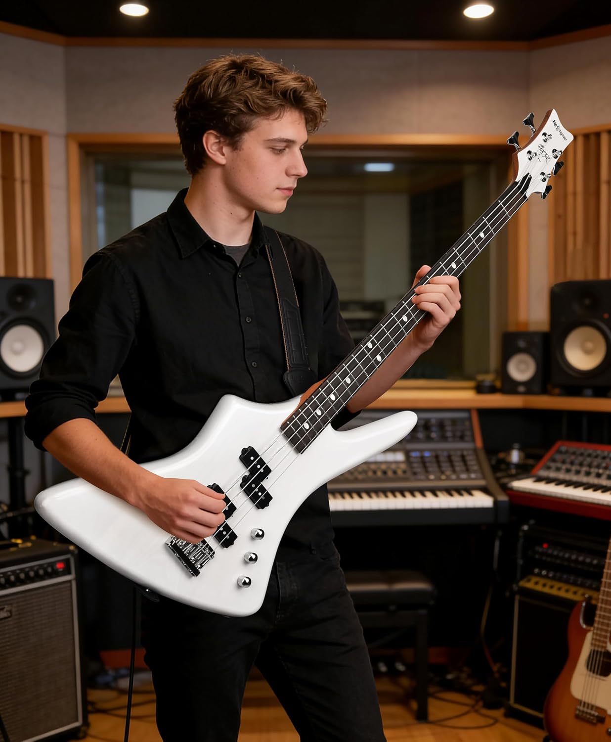 Leo Jaymz Monster 4-String Bass Guitar - Dual PB-Style Pickups, Solid Ash Body, Ebony Fingerboard, Transparent White Gloss