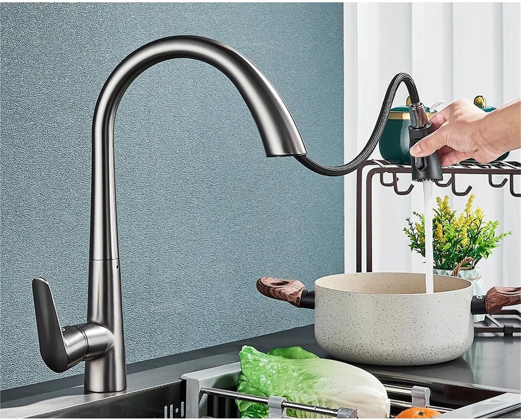 Kitchen Faucet Flexible Pull Out Mixer Tap Deck Mounted 360 Swivel 2 Mode Hot Cold Water Faucets(Gray)