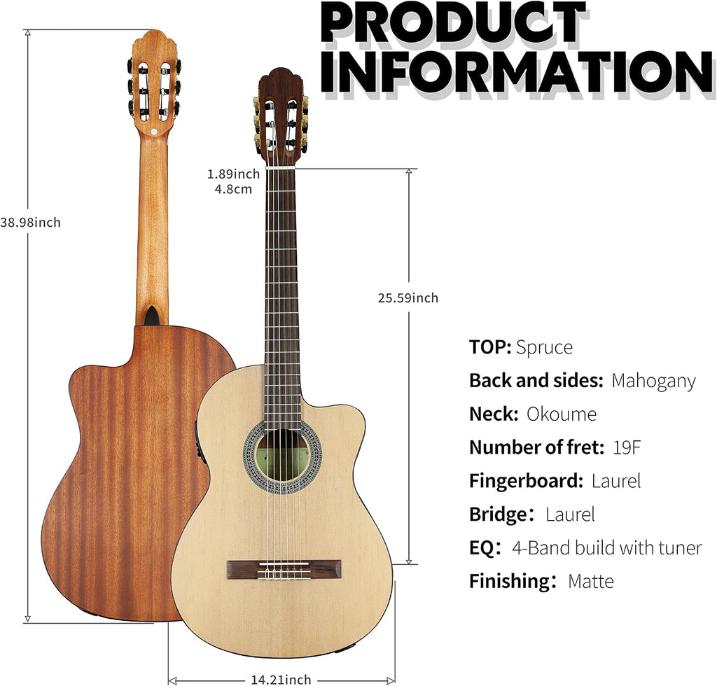 TARIO 39 Inch Electric cutaway Classical Guitar Full Size Acoustic Guitar Thin body Spruce top Mahogany back and sides Okoume neck laurel fingerboard
