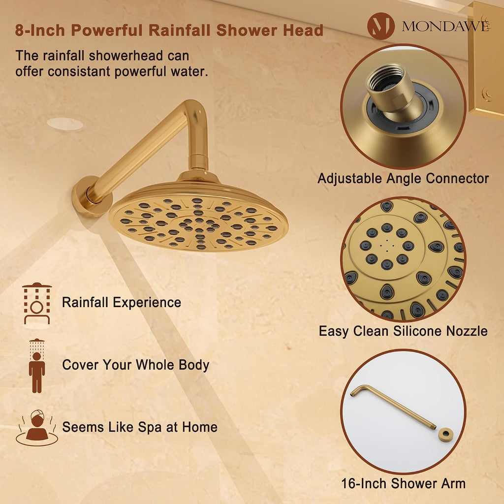 MONDAWE 8 Inch Wall Mounted Shower Faucet Set in Brushed Gold, Rainfall Shower Head with 3-Setting Handheld Spray Shower Set Combo, High Pressure Shower System with Solid Brass Valve