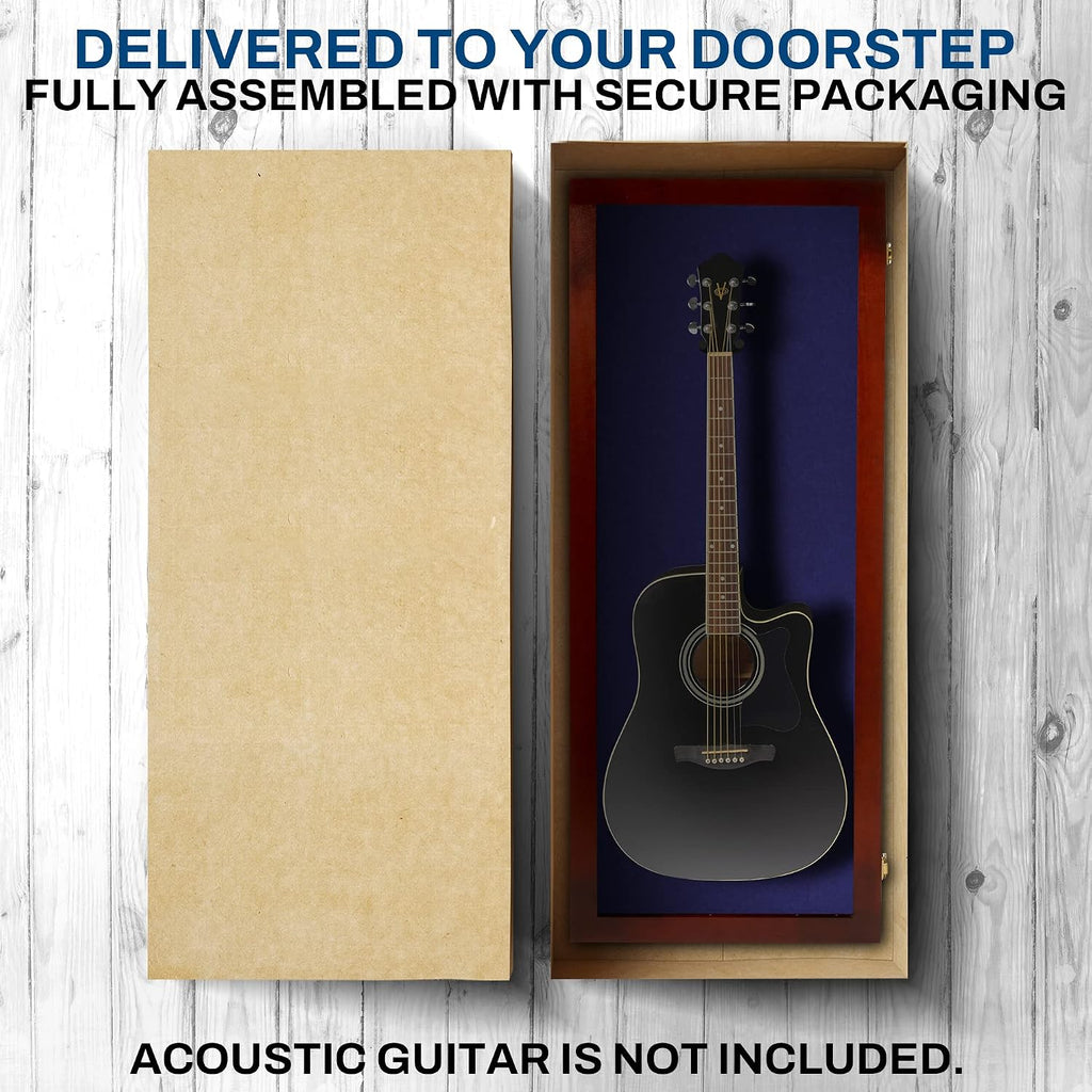 PENNZONI Acoustic Guitar Display Case - Acrylic Acoustic Guitar Case - Guitar Display Case Wall Mount Made from Hardwood Frame & Clear Acrylic - Cherry w/Felt Blue