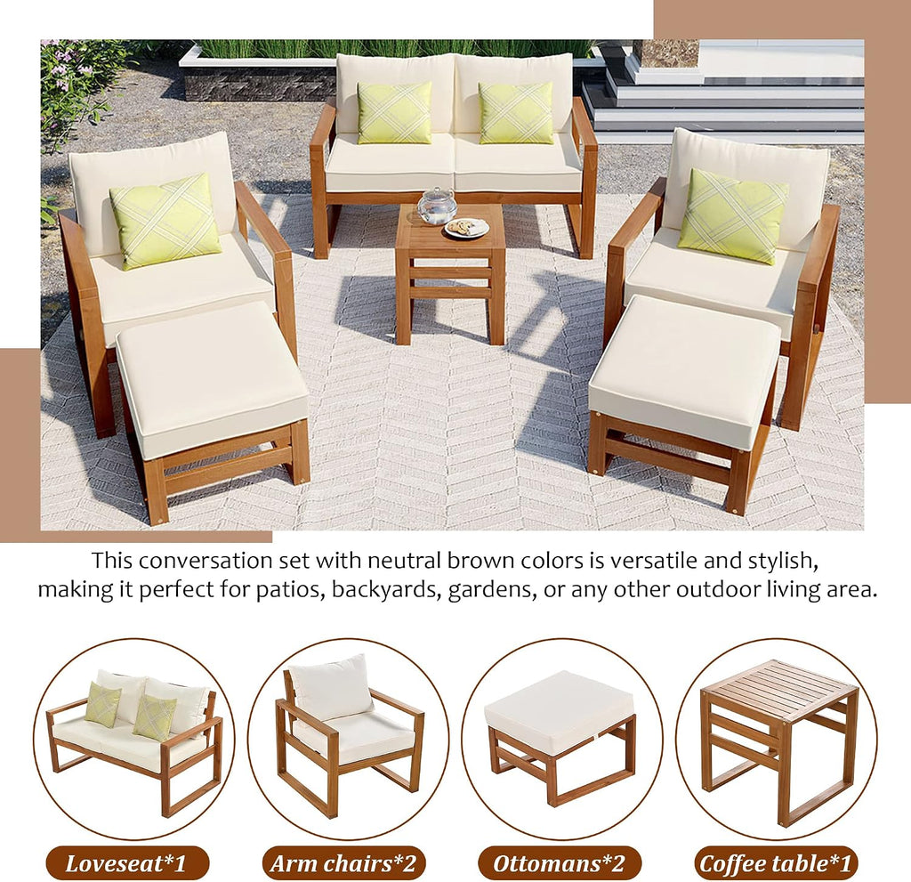 Outdoor Acacia Wood 6-Piece Conversation, Sunroom Furniture Indoor Sectional Garden Seating Groups Chat Set with Ottomans and Cushions, 4 Throw Pillows, for Balcony Backyard Porch (Beige-0H)