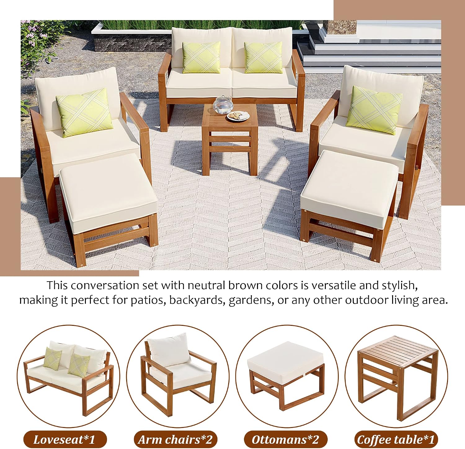 Outdoor Acacia Wood 6-Piece Conversation, Sunroom Furniture Indoor Sectional Garden Seating Groups Chat Set with Ottomans and Cushions, 4 Throw Pillows, for Balcony Backyard Porch (Beige-0H)