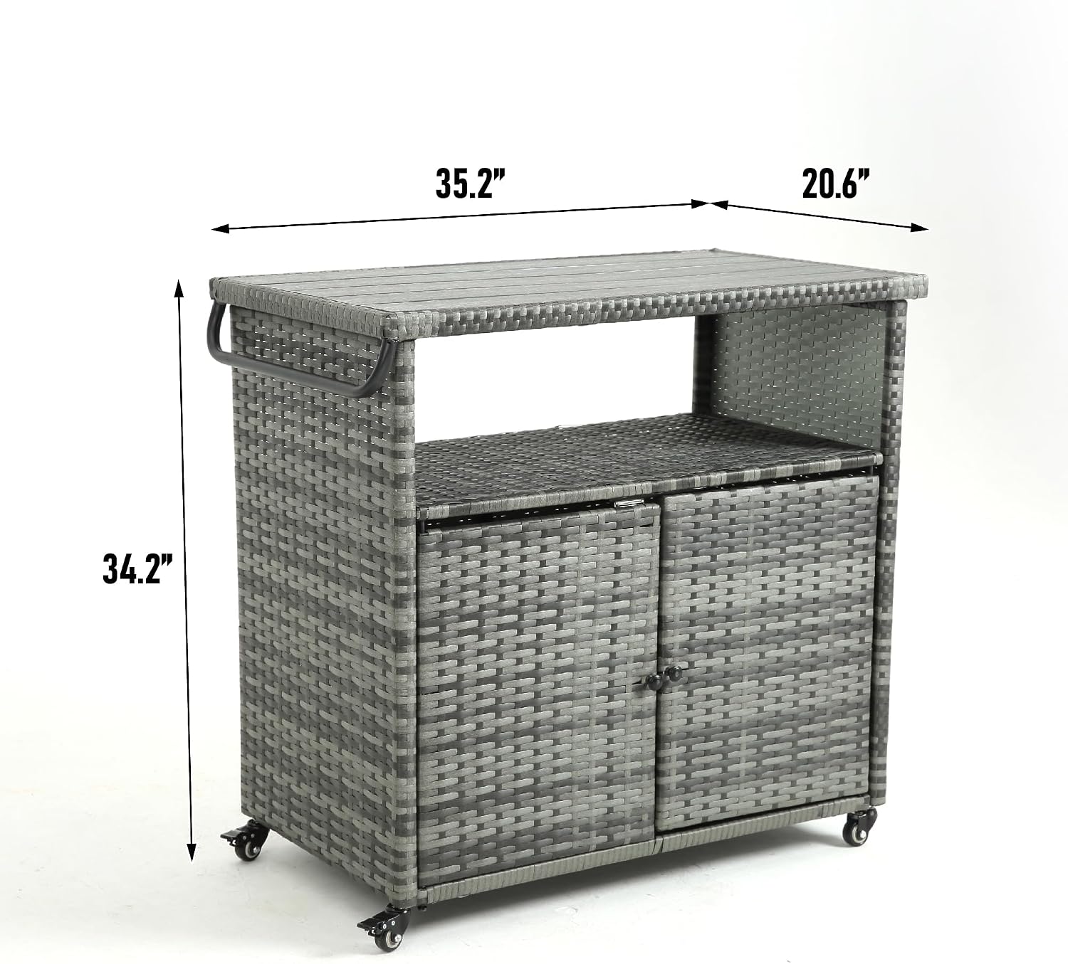 Outdoor Wicker Bar Cart with Wheels, Outdoor Rolling Kitchen Island Grill Cart with Storage Cabinet, Outside Portable Bar Table for Events, Patio, Porch, Backyard, Garden, Poolside, Black+Brown