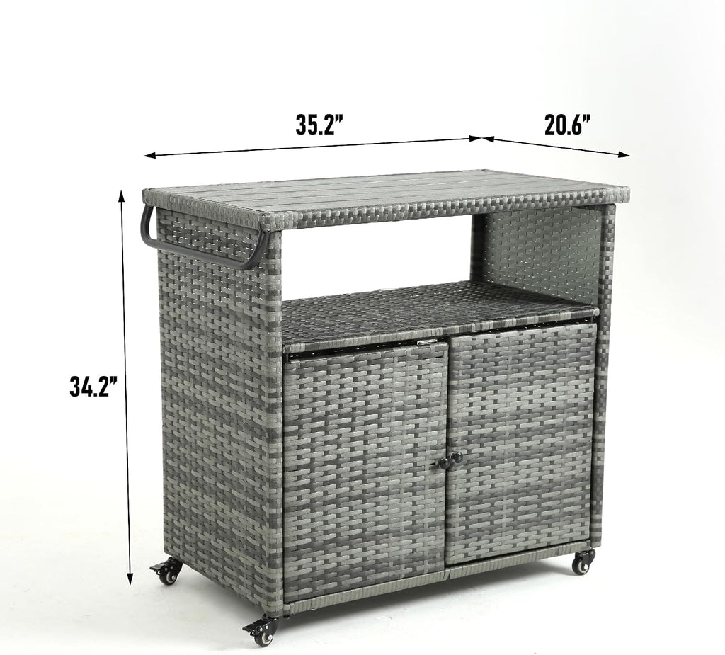 Outdoor Wicker Bar Cart with Wheels, Outdoor Rolling Kitchen Island Grill Cart with Storage Cabinet, Outside Portable Bar Table for Events, Patio, Porch, Backyard, Garden, Poolside, Aqua Grey