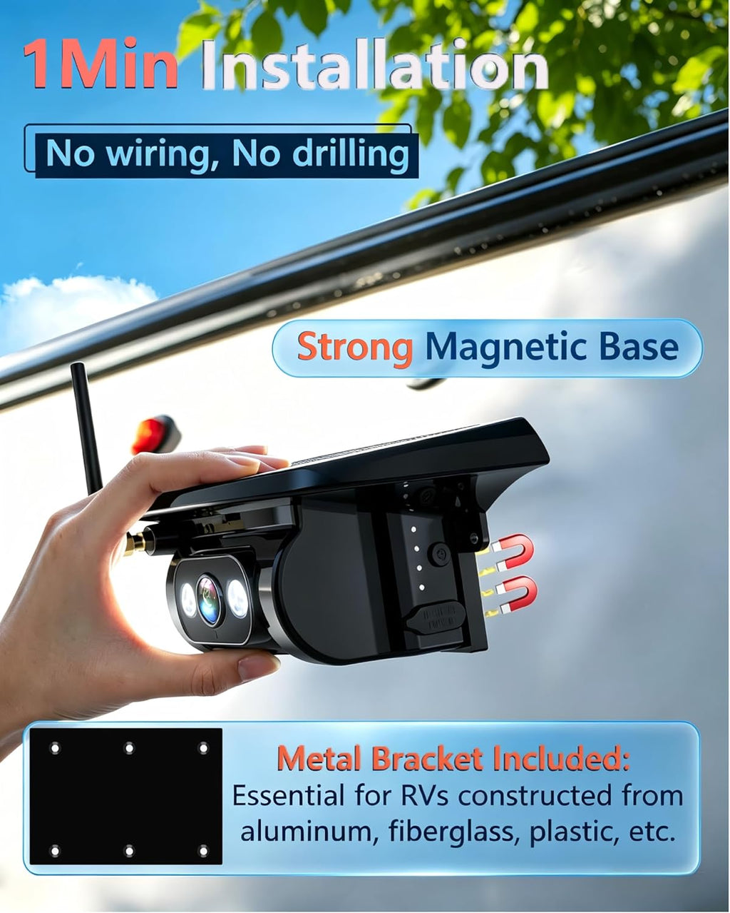 HD 1080P Dual Wireless Backup Camera: 1-Second Magnetic Easy Install RV Backup Camera with 7-inch Split-Screen DVR Monitor - 15200mAh Solar Battery, Up to 3-Day Trip for RV Camping & Travel Trailers