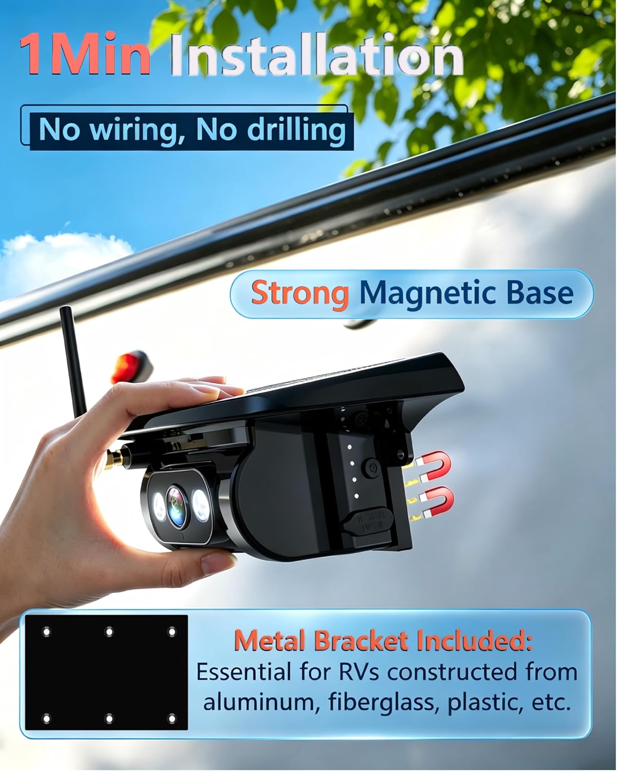 HD 1080P Dual Wireless Backup Camera: 1-Second Magnetic Easy Install RV Backup Camera with 7-inch Split-Screen DVR Monitor - 15200mAh Solar Battery, Up to 3-Day Trip for RV Camping & Travel Trailers