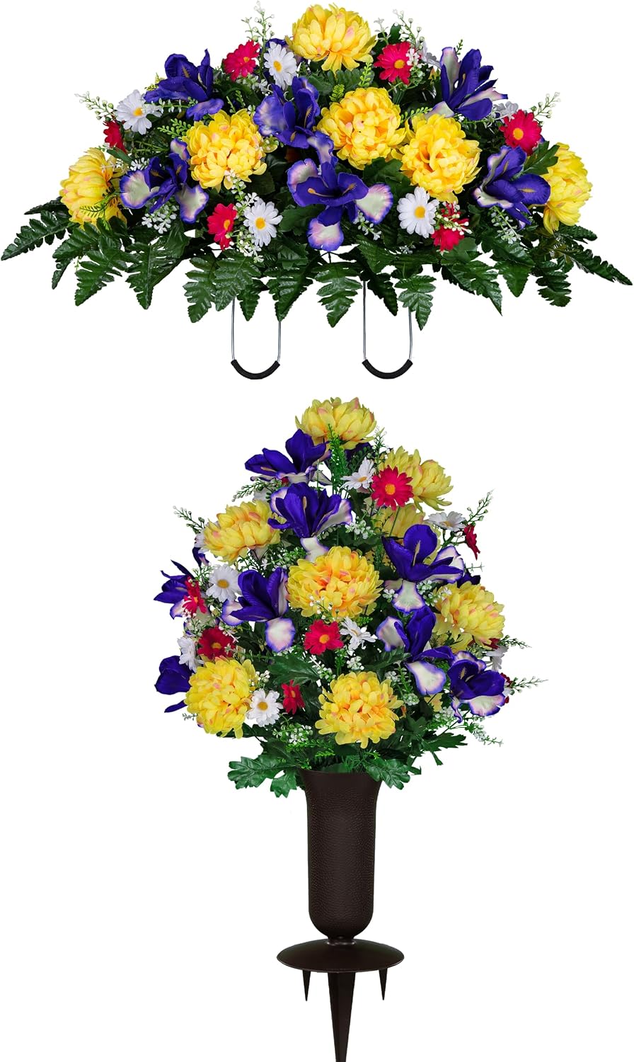 Sympathy Silks Artificial Cemetery Flowers -Grave vase - Purple Iris, Yellow Mum, Pink Daisy - (1) Headstone Flower Saddle & (1) Matching Bouquet with vase Included