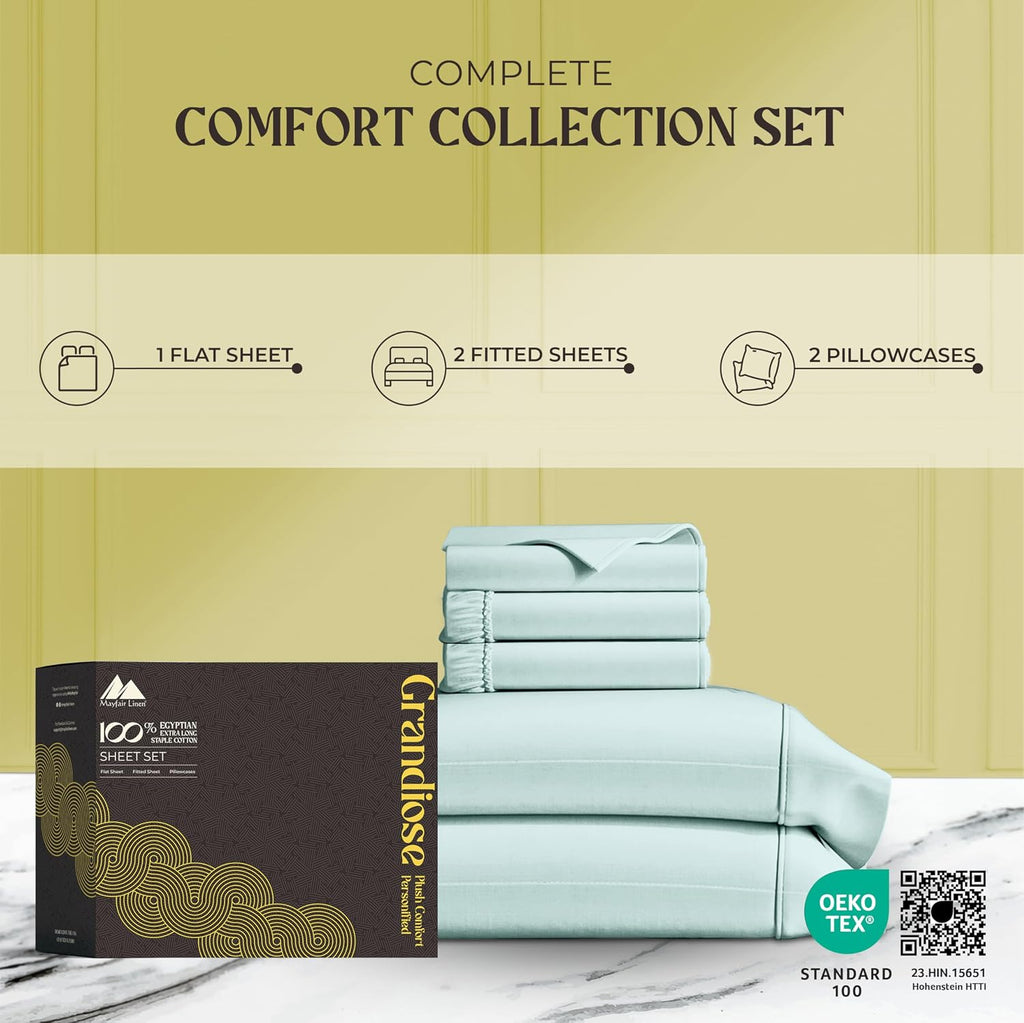 Mayfair Linen 100% Egyptian Cotton Split King Sheet Sets for Adjustable Bed - Luxury 1000 Series Grandiose Collection Split Top King Sheet Set (5 PC, Sea Foam), 16' Deep Pocket Soft Hotel Sheets