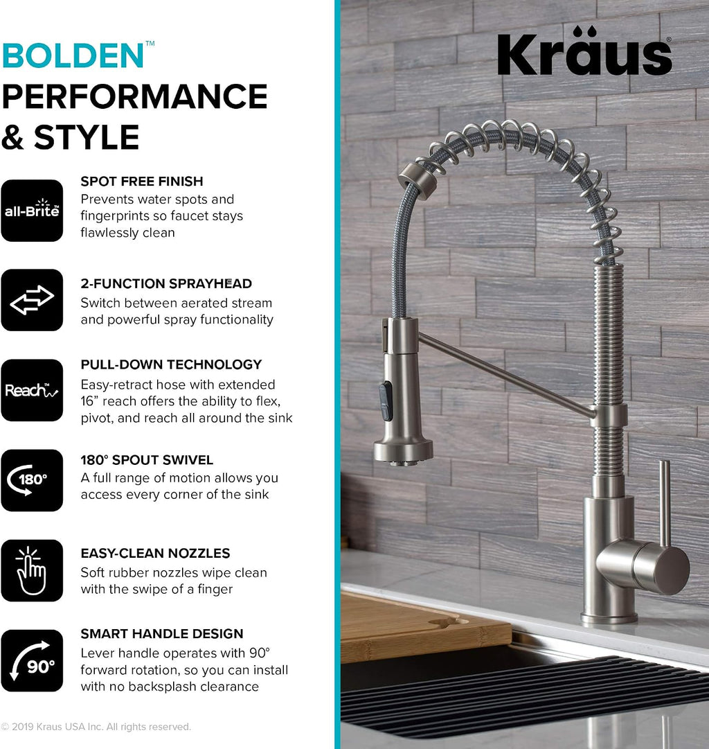 KRAUS Bolden 18-Inch Single Handle Spot Free Stainless Steel Commercial Style Pull-Down Kitchen Faucet with Soap Dispenser, KPF-1610SFS-KSD-43SFS