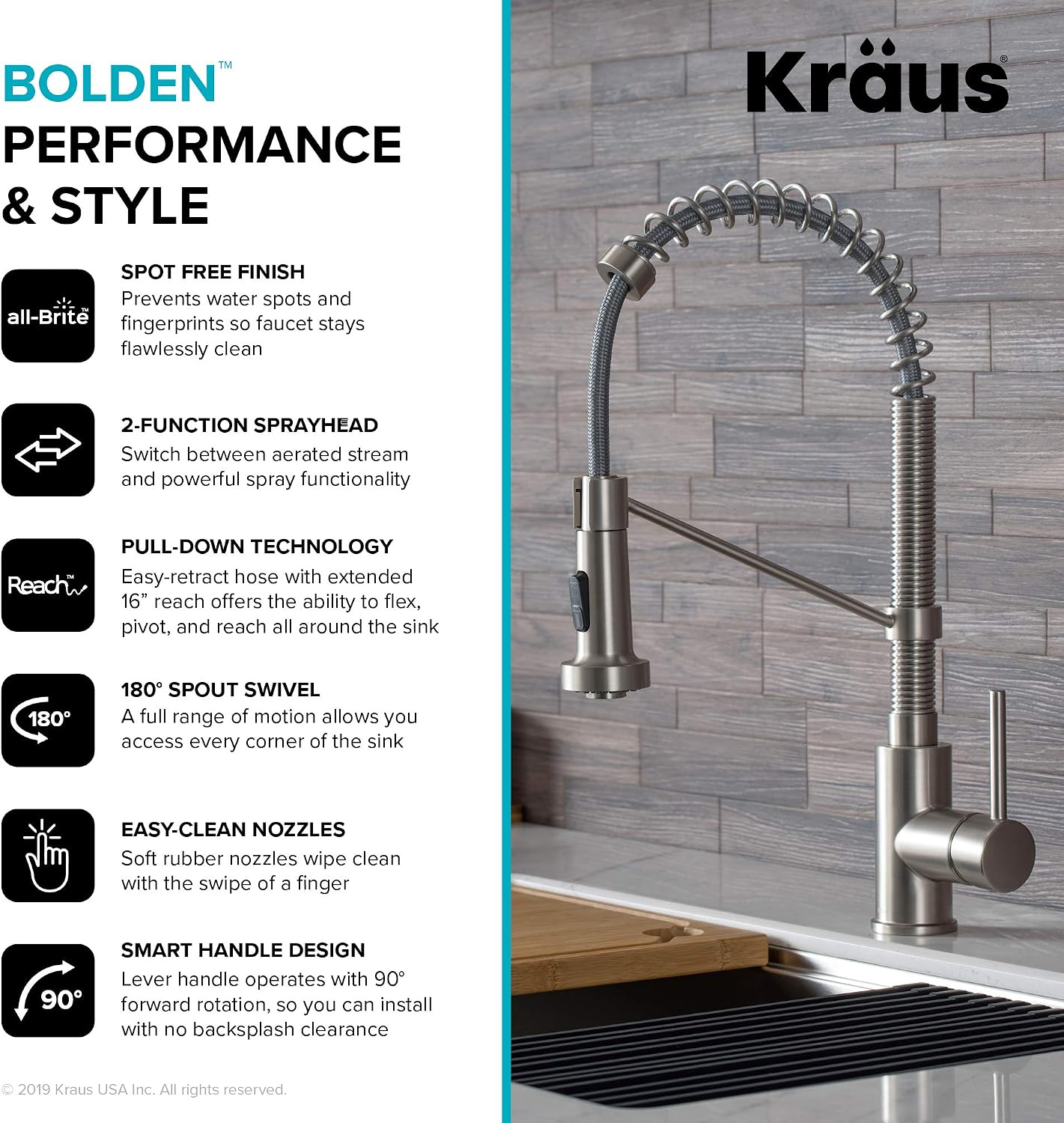 KRAUS Bolden 18-Inch Single Handle Spot Free Stainless Steel Commercial Style Pull-Down Kitchen Faucet with Soap Dispenser, KPF-1610SFS-KSD-43SFS