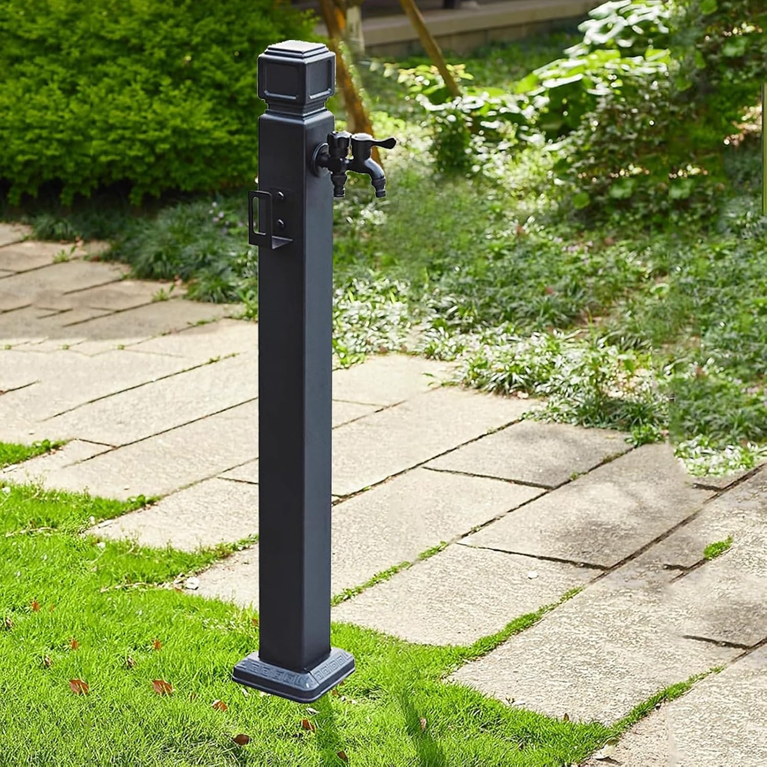 Garden Water Column Outdoor Post Faucet 304 Stainless Steel Square Black Freestanding Hose Stand with Water Dispenser Hydrant for Patio and Lawn Irrigation