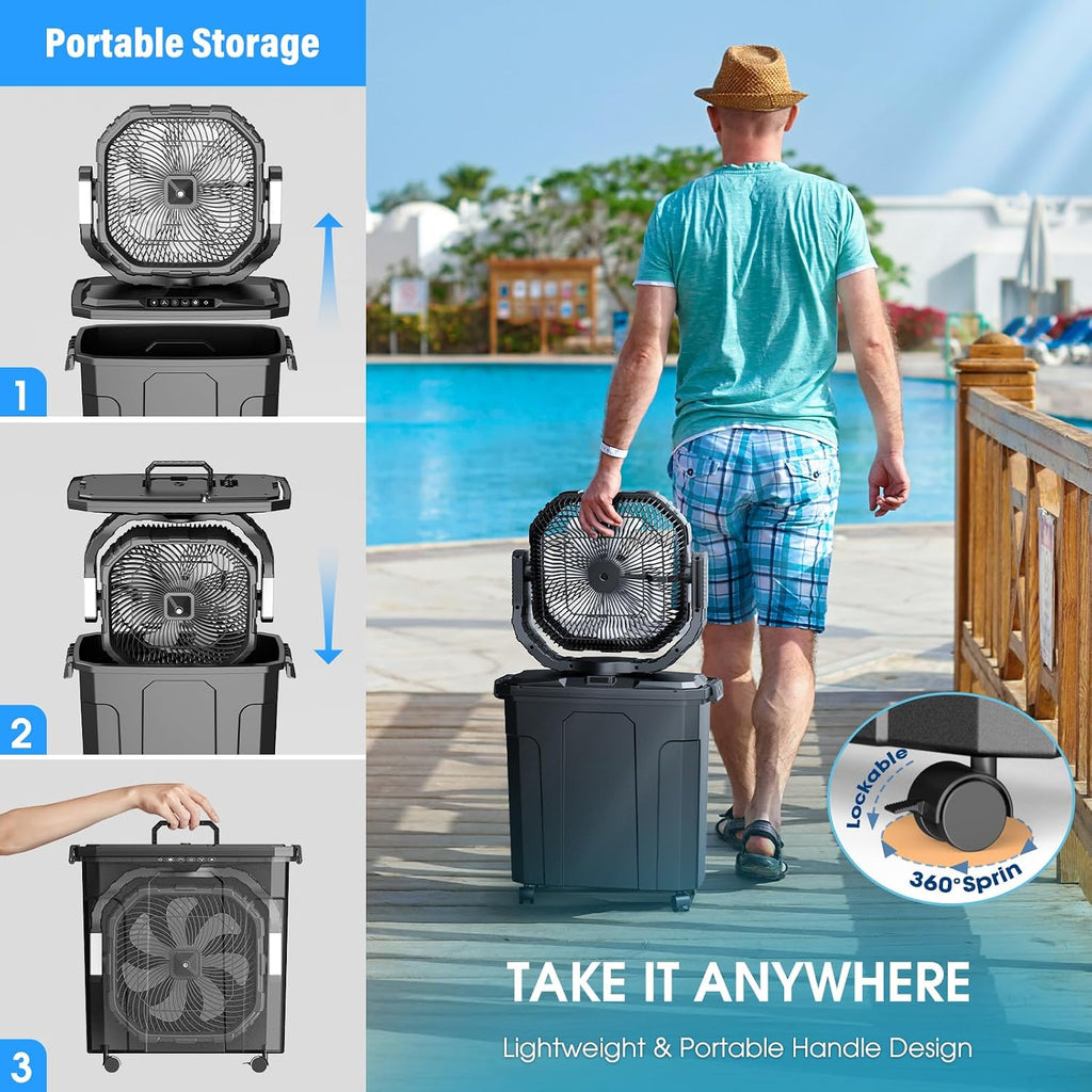 Ausic 5 Gal 12' Portable Misting Fan for Outside Patios, 30000mAh Outdoor Rechargeable Battery Oscillating Fan with Remote, Cooling Dugout Water Fan with Caster/LED Light/Timer, Camping Essential