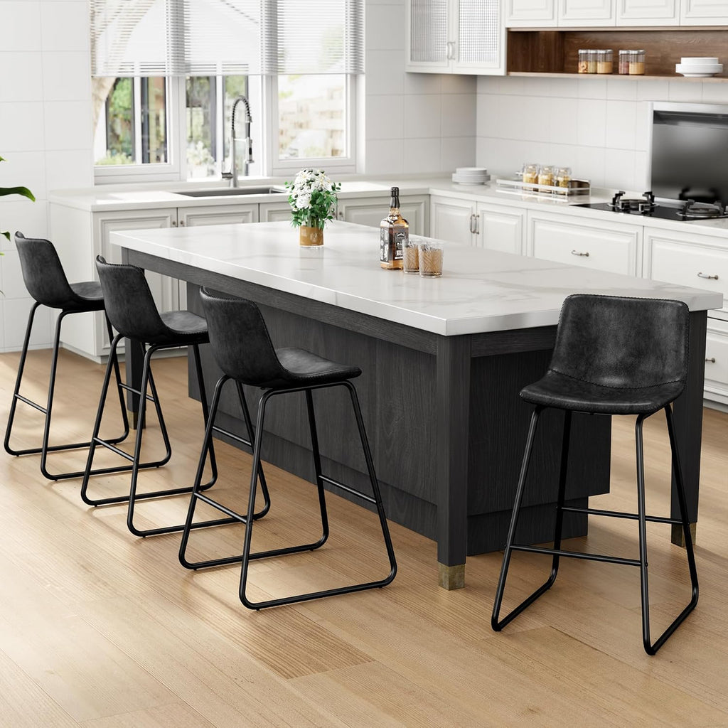 REONEY Bar Stools Set of 4, Faux Leather Counter Height Stools, 26' Modern Barstools with Metal Legs and Footrest, Urban Armless Counter Chairs with Back for Kitchen Island (Black)