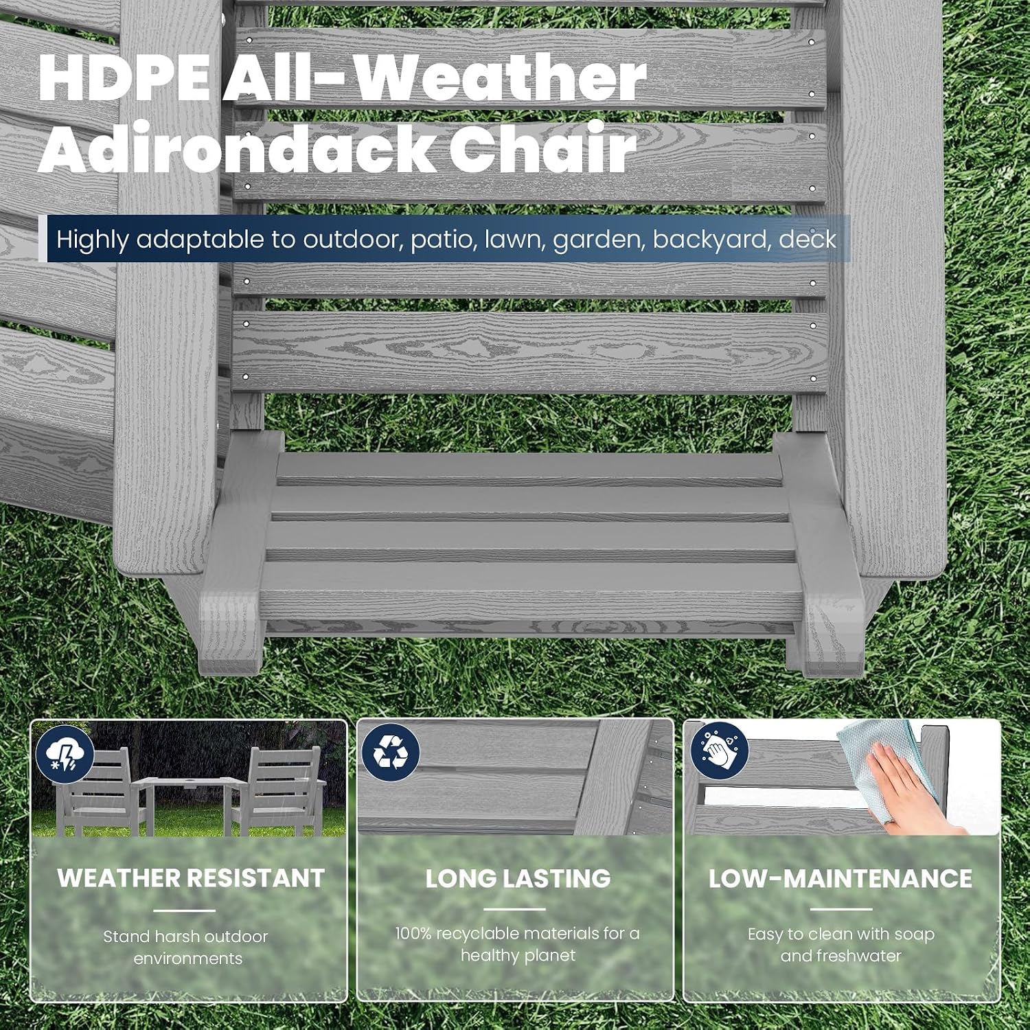PLUUV Tall Adirondack Chairs Set of 2, All Weather HDPE Poly Bar Height Balcony Adirondack Chair with Removable Double Connecting Trays, Outdoor Adirondack Barstools for Deck, Patio, Yard, Pool, Lawn