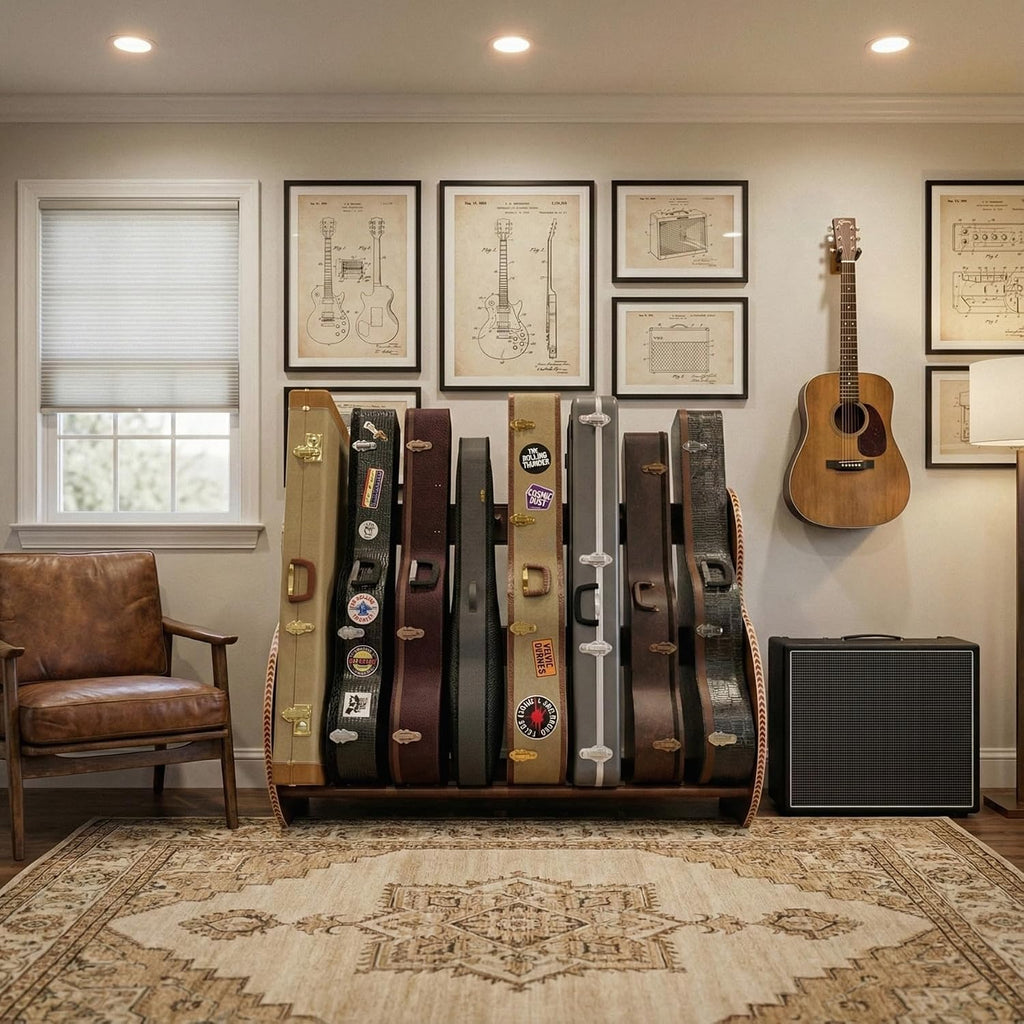 A&S Crafted Products Guitar Case Rack for Acoustics & Electrics - The Studio Deluxe (Grande) | Walnut | Made in U.S.A.
