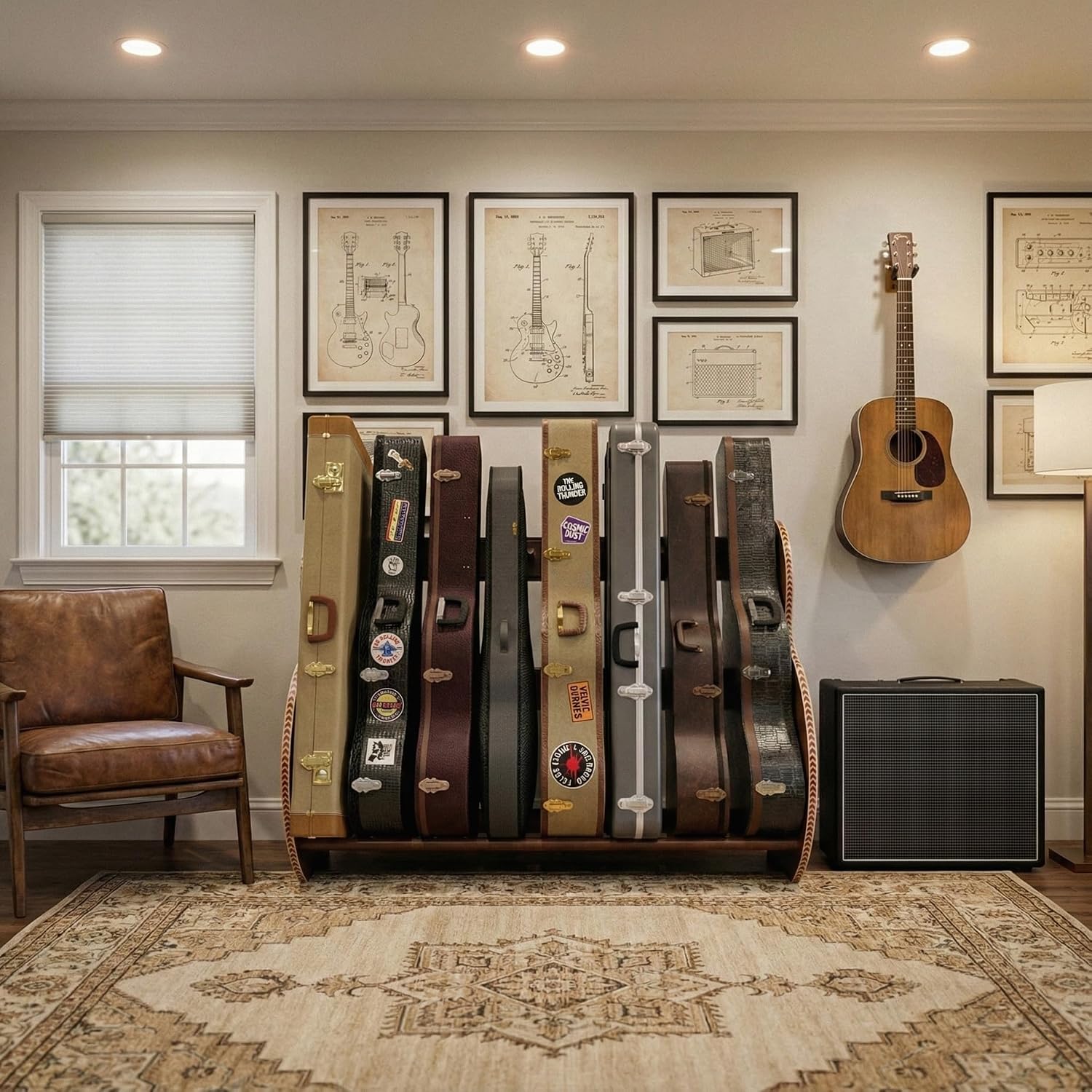 A&S Crafted Products Guitar Case Rack for Acoustics & Electrics - The Studio Deluxe (Grande) | Walnut | Made in U.S.A.