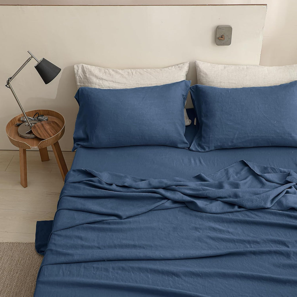 Simple&Opulence 100% Linen Sheets California King Size Set, 4 Pcs Natural French Linen Bed Sheets, Breathable Soft Durable Bedding Set for All Season (Classic Blue, California King)