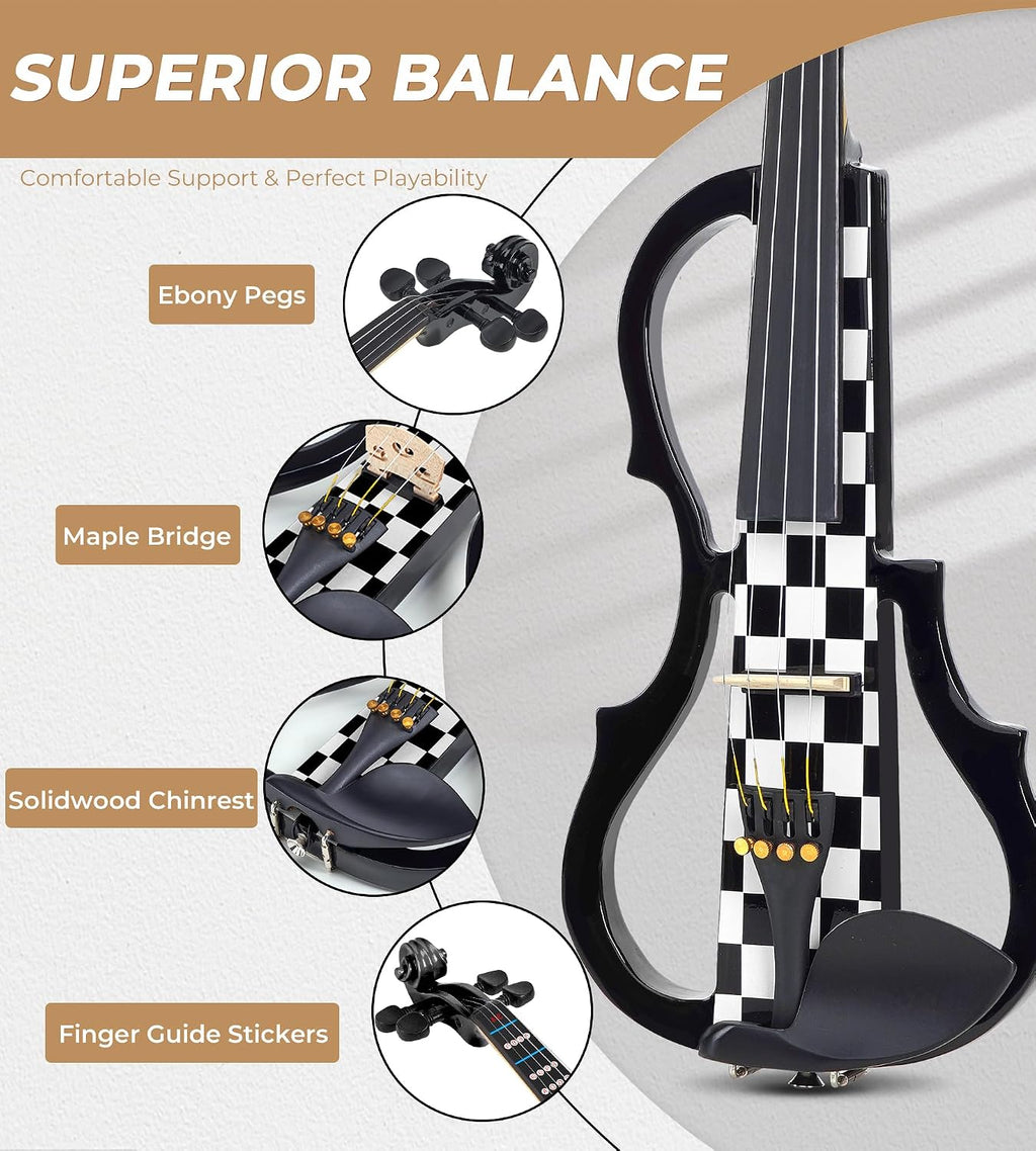 Vangoa LEFT HANDED Electric Violin 4/4 Full Size, Silent Electronic Violin Fiddle for Lefty with Solid Maple Wood Metallic, Ebony Fittings for Beginners Adults Teens Youth Students, Black